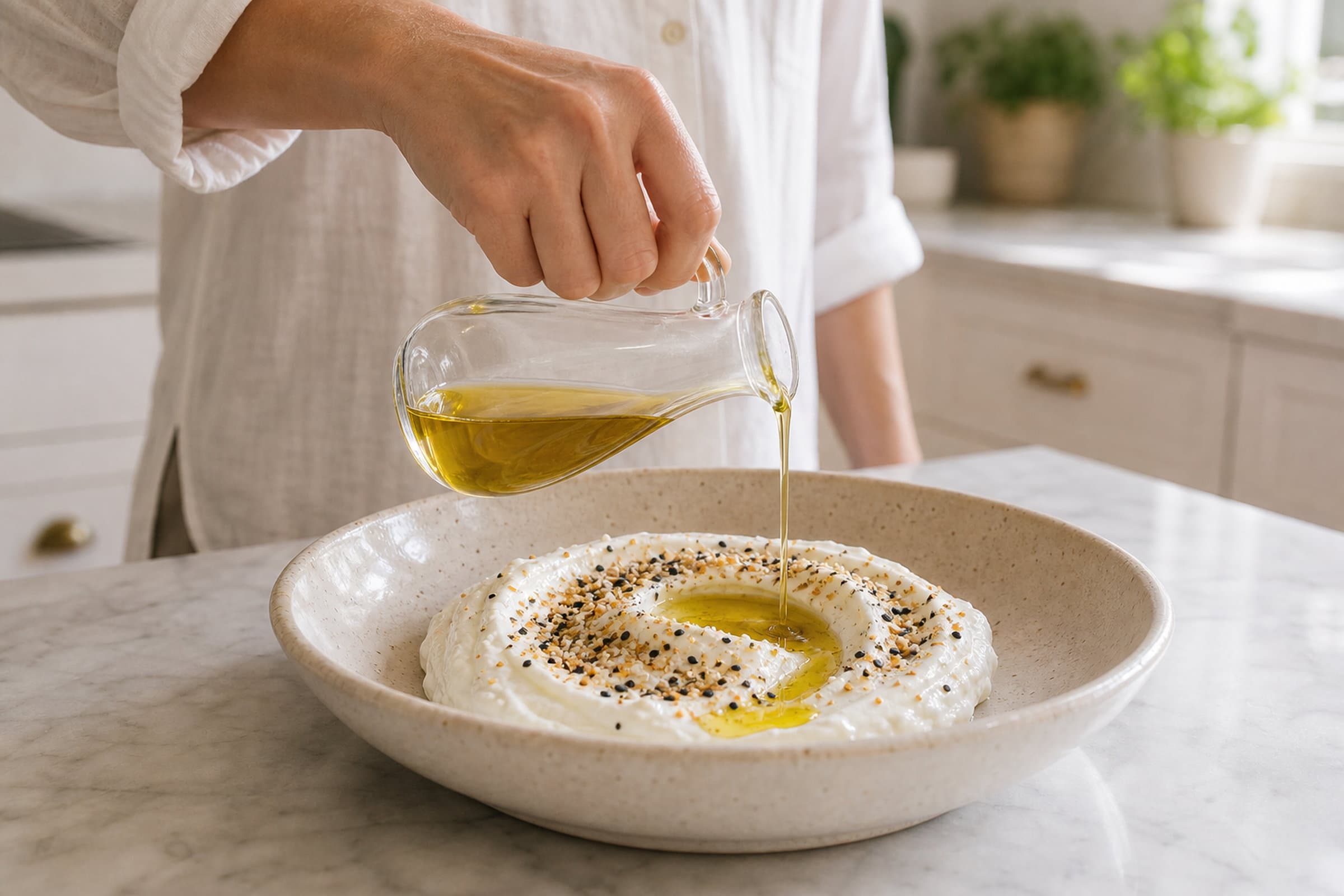 A hand in a white linen button-down sleeve rolled to three-quarter forearm length drizzling olive oil from a small clear glass cruet into a shallow well in a thick swoosh of white skyr already sprinkled with everything-bagel seasoning, in a wide cream-speckled stoneware bowl on a white marble counter. The olive oil catches the morning light as it pools and runs over the seeds.