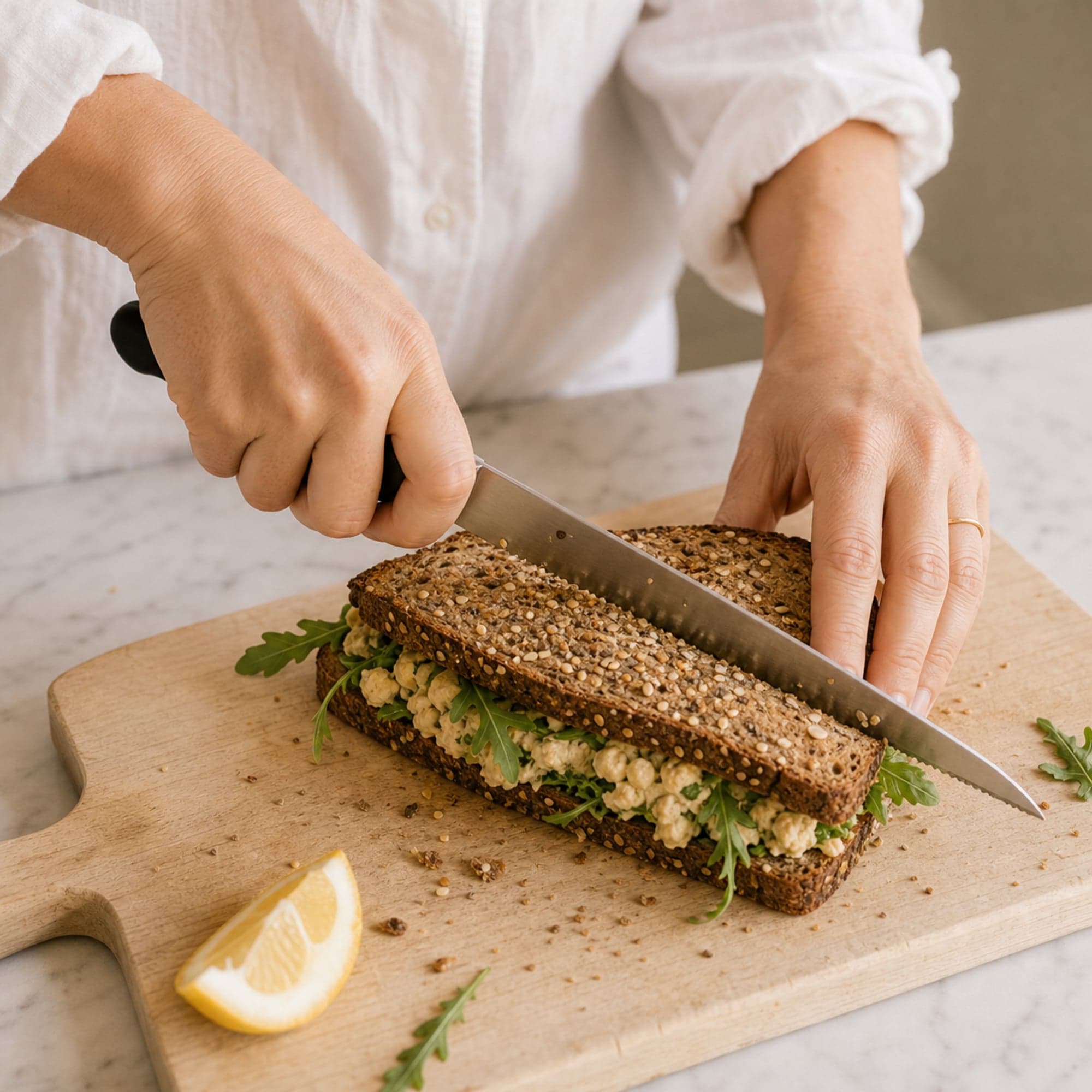 A pair of hands in a white linen button-down slicing the finished smashed chickpea salad sandwich in half on the diagonal with a serrated knife on a wooden board, the craggy filling and baby arugula visible in the cross-section.
