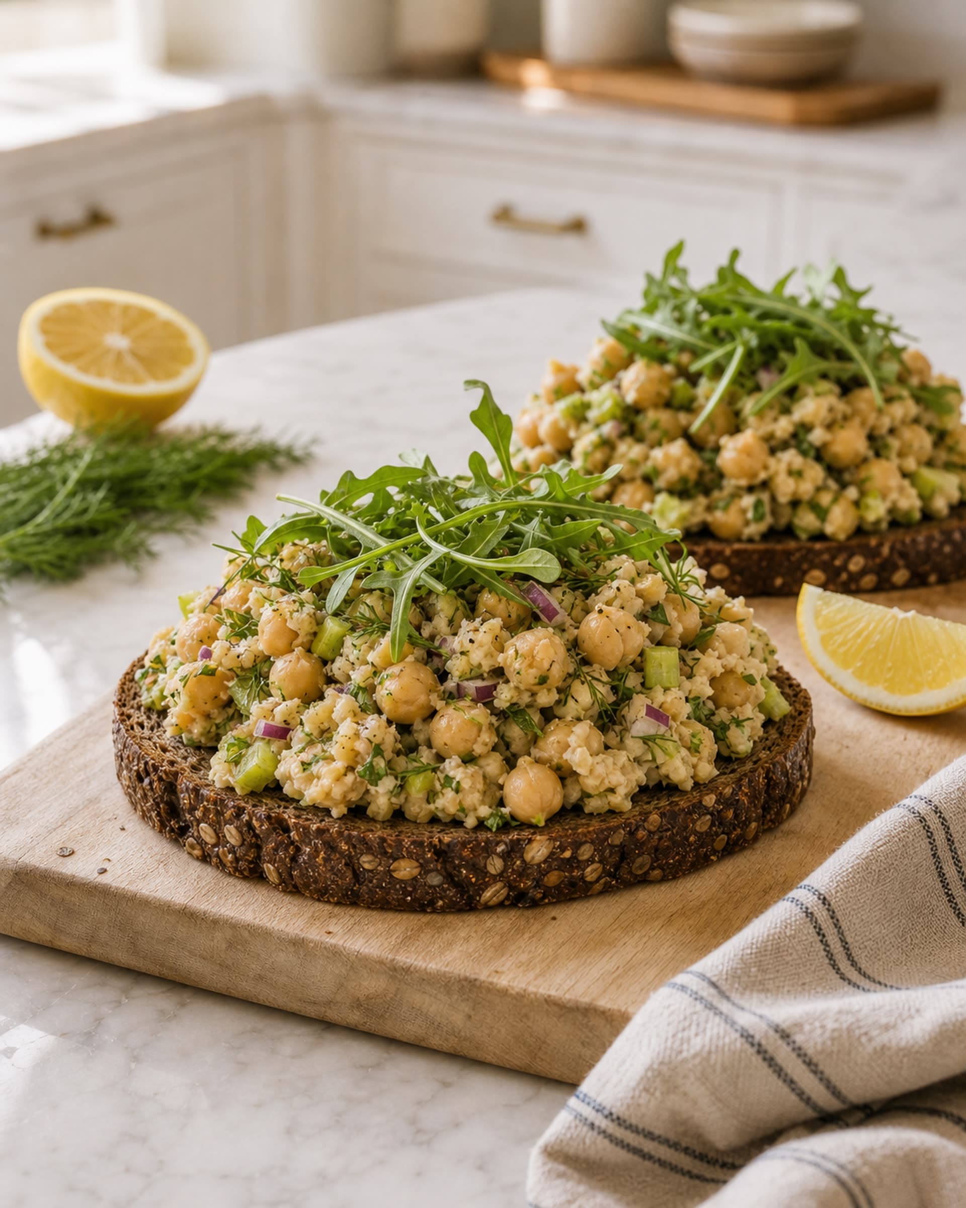 An open-faced smashed chickpea salad sandwich on a thick slice of seeded dark rye, set on a pale wooden board on a white marble counter. The chickpea salad is piled high and craggy, showing roughly mashed chickpeas, flecks of chopped fresh dill and parsley, small dice of celery and red onion, and a few cracks of black pepper, topped with a small handful of baby arugula. A second open sandwich rests behind it, a thin lemon wedge sits on the board, and a halved lemon, a small bunch of dill, and a folded striped cream-and-blue linen napkin are arranged on the marble. Soft midday light from the kitchen window.