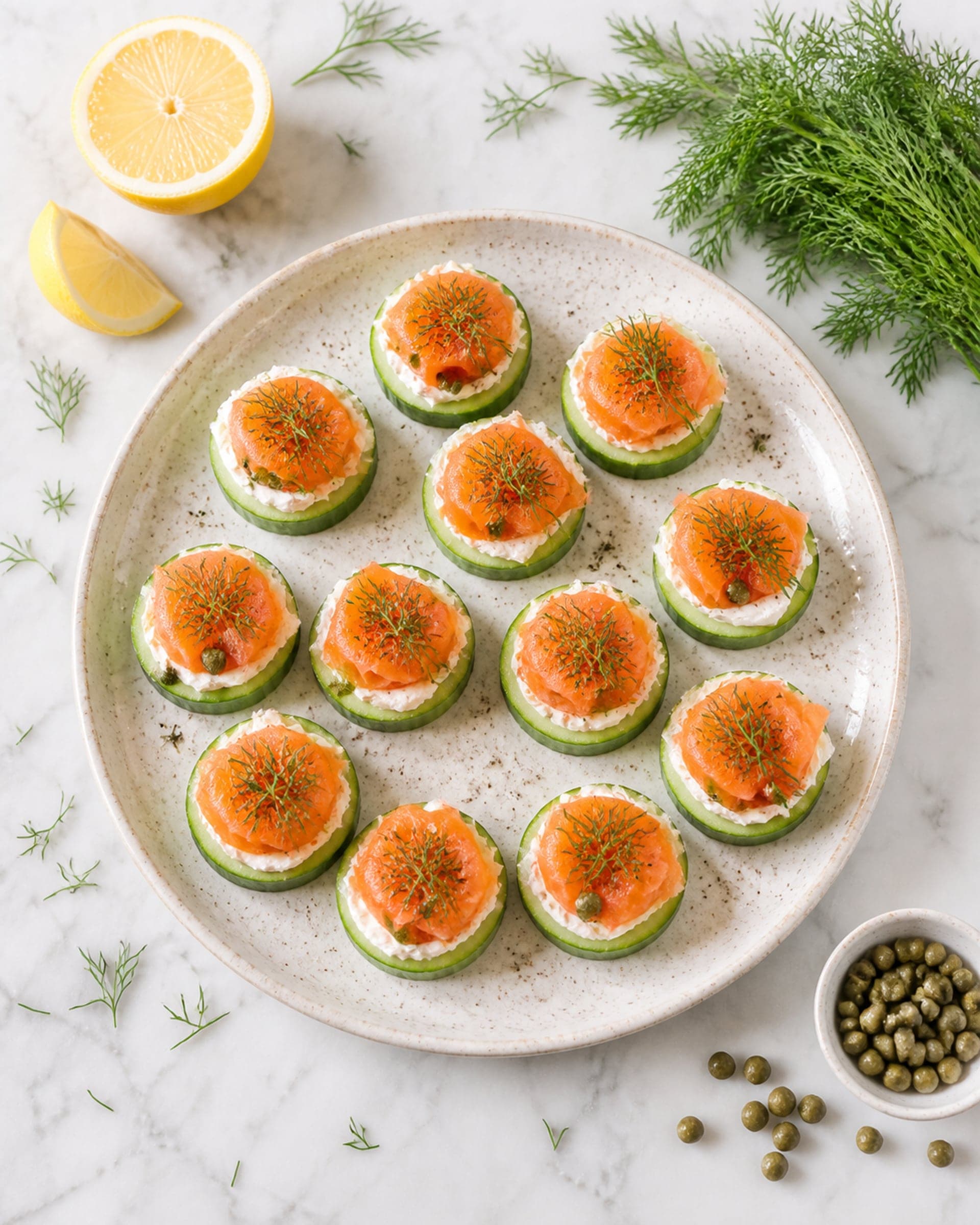 A cream-speckled plate of smoked salmon cucumber bites on a white marble counter: thick cucumber rounds each topped with a swipe of cream cheese, a curl of orange-pink smoked salmon, a few green capers, a frond of fresh dill, and a crack of black pepper. A lemon wedge and a small bunch of dill rest beside the plate. Cool, bright natural light from the kitchen window.