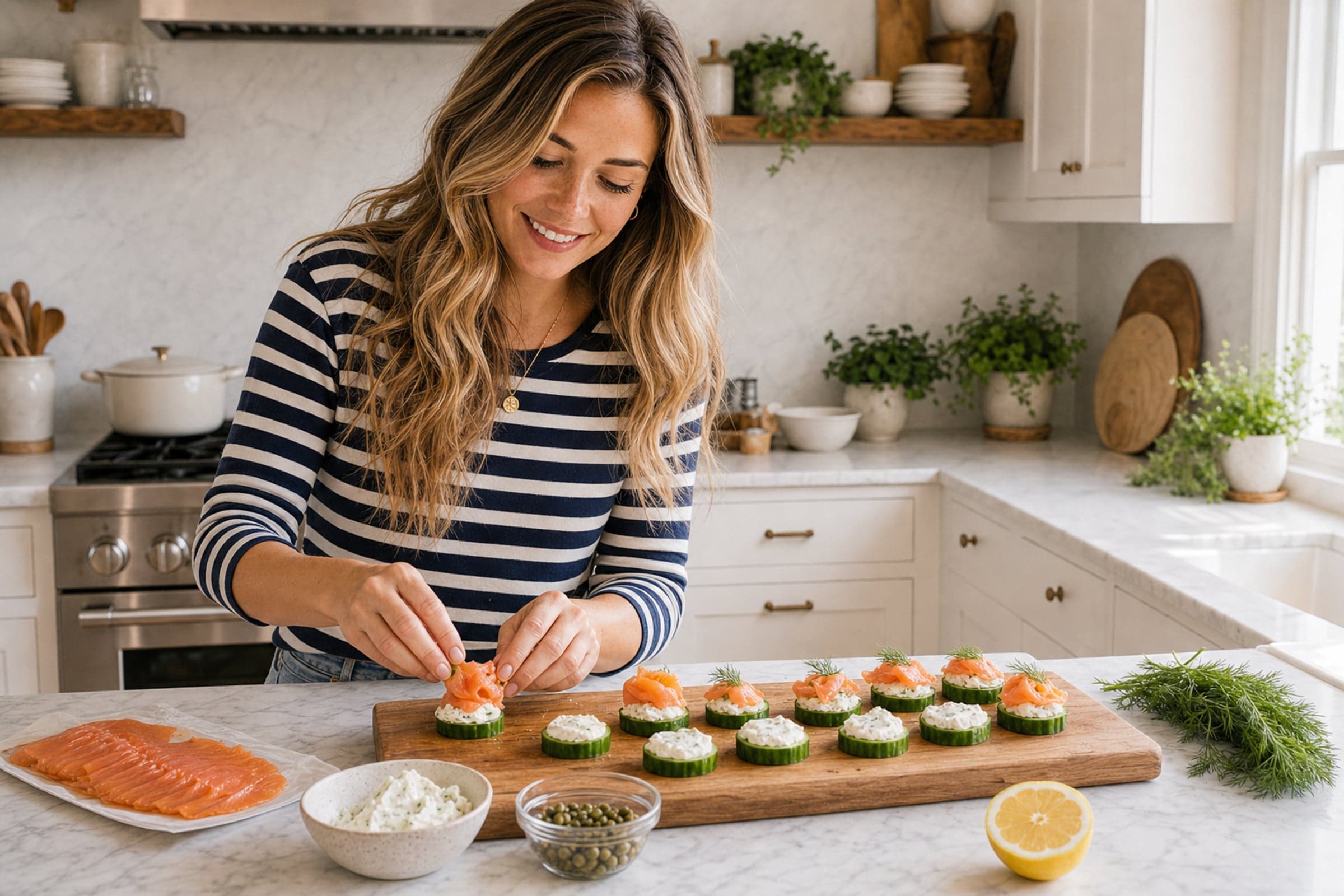 Anna, in a navy and white striped top, assembling smoked salmon cucumber bites on a wooden board at her marble island, laying a curl of salmon onto a cream-cheese-topped cucumber round. A plate of smoked salmon, a bowl of lemony cream cheese, capers, dill, and a halved lemon sit in front of her, with her bright kitchen behind.