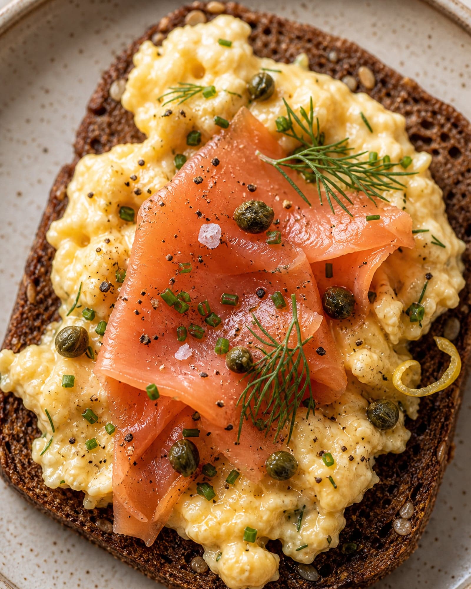 Near-top-down macro of an open-faced rye toast on a cream-speckled stoneware plate: dark seeded rye bread, soft pale yellow scrambled eggs with cream-flecked custardy curds and bright green dill flecks, a casual ribbon of pink smoked salmon draped in a soft fold on top, scattered bright green capers, fresh dill sprigs, finely chopped chives, a flake of flaky salt, cracked black pepper, and a thin curl of yellow lemon zest at one edge.