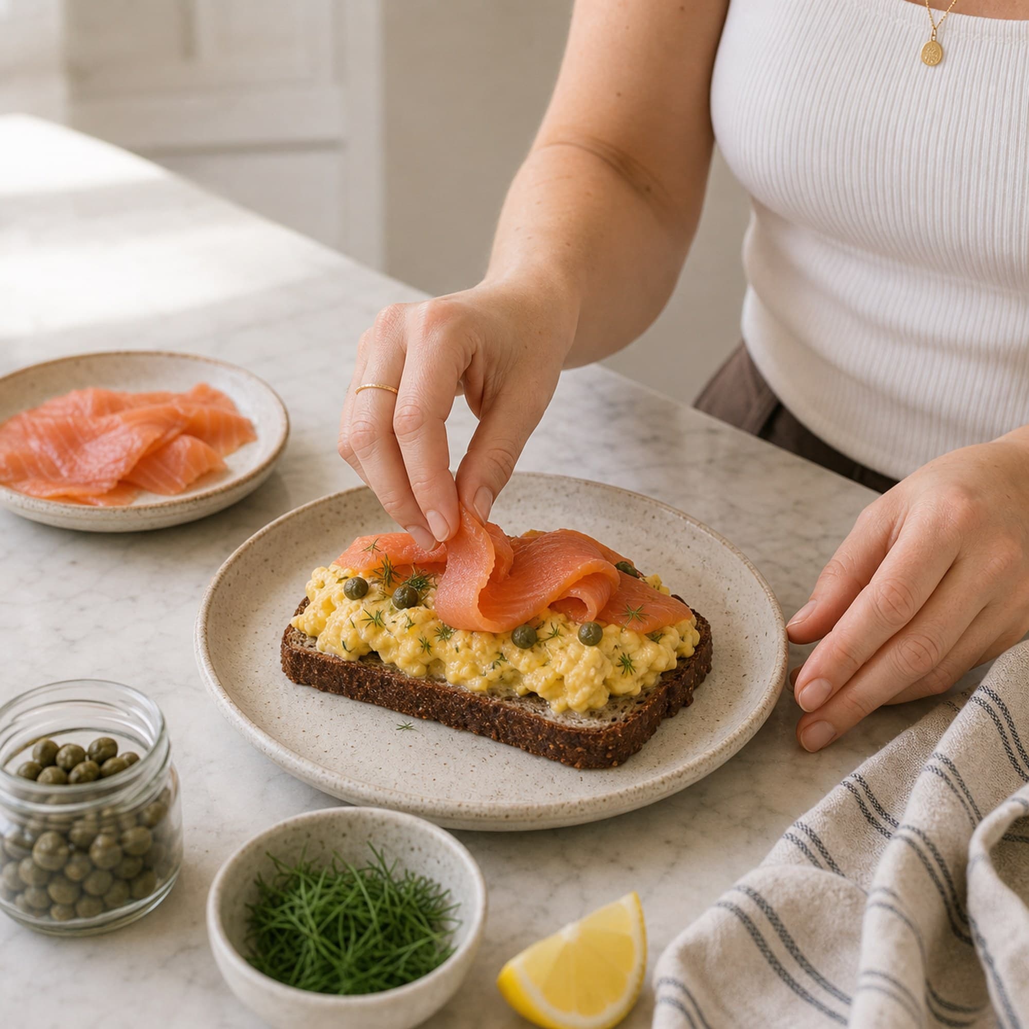 A pair of bare hands in a white ribbed tank with a thin gold pendant necklace, draping a ribbon of pink smoked salmon onto soft scrambled eggs piled on a slice of dark rye toast on a cream-speckled stoneware plate. A small side plate with the remaining smoked salmon, a small clear glass jar of capers, a small ceramic bowl of finely chopped chives, a yellow lemon wedge, and a folded striped cream-and-blue linen tea towel are arranged around the plate on the white marble counter.