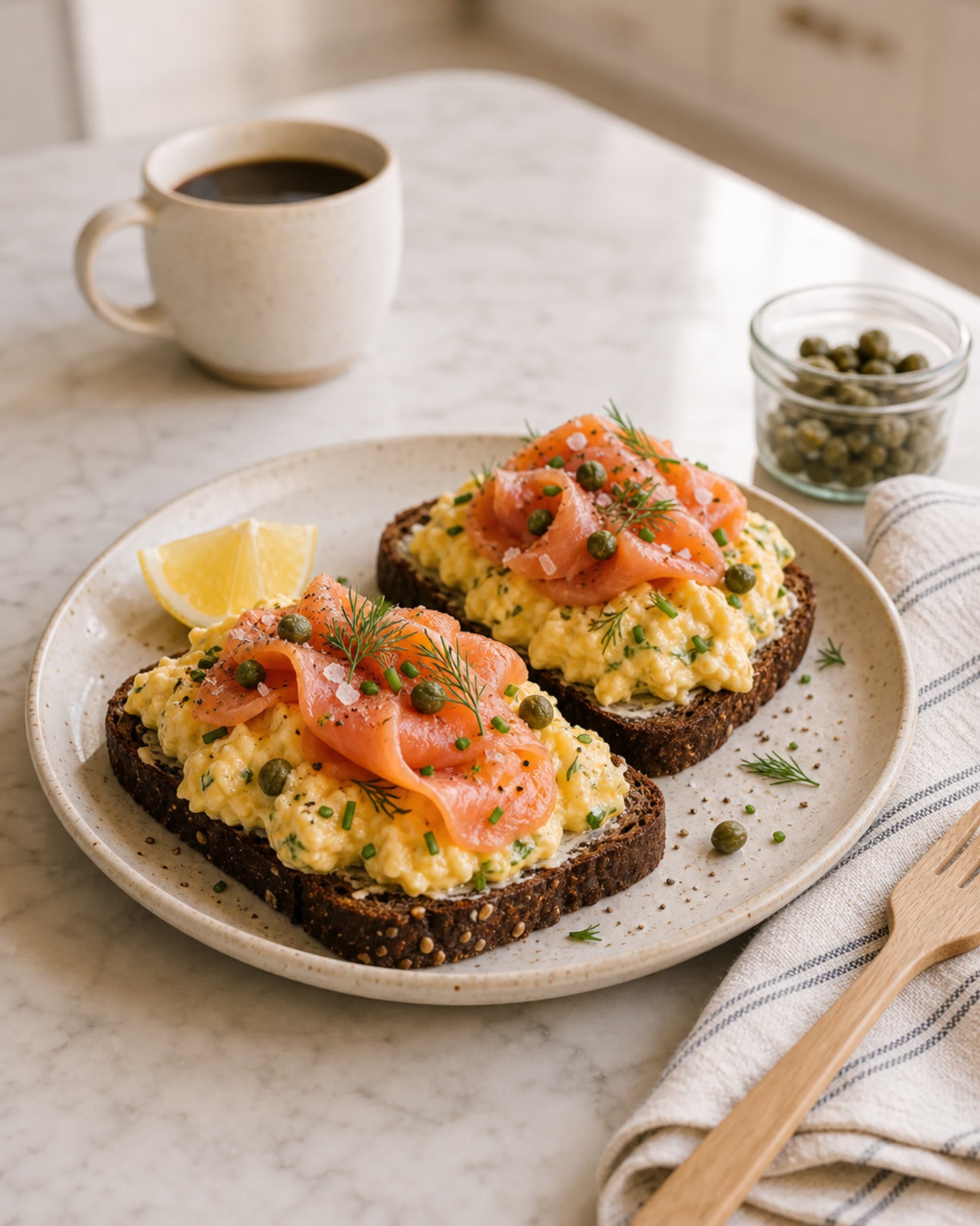 Two slices of buttered dark rye toast on a small cream-speckled stoneware plate, piled with soft custardy scrambled eggs flecked with dill, draped with casual ribbons of pink smoked salmon, scattered with capers and a small tuft of fresh dill, finished with a crack of black pepper and a flake of flaky salt. A lemon wedge rests on the plate beside the toasts. A small ceramic cup of strong drip coffee, a folded striped cream-and-blue linen tea towel, and a small jar of capers sit on the white marble counter beside the plate. Soft morning light from the kitchen window.