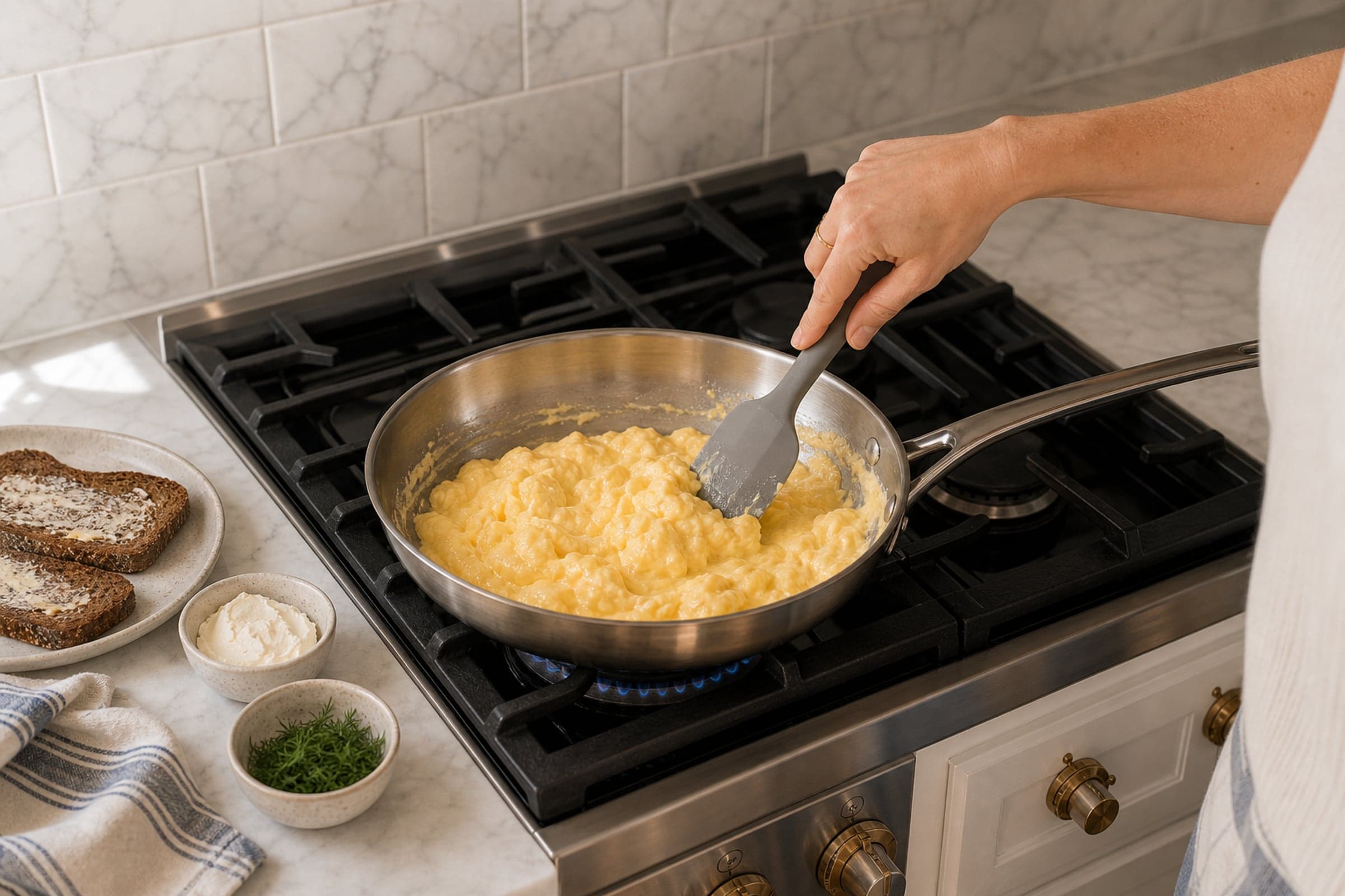 A bare hand in a white ribbed tank holding a silicone spatula and gently folding pale yellow soft custardy scrambled eggs in a stainless steel skillet on a lit gas stovetop, with a small blue flame visible under the pan and cast iron grates around it. A marble subway-tile backsplash sits directly behind the stove, a white shaker base cabinet flanks it, and a small plate of buttered dark rye toast with small bowls of cream cheese and chopped dill wait on the marble counter at the lower-left.