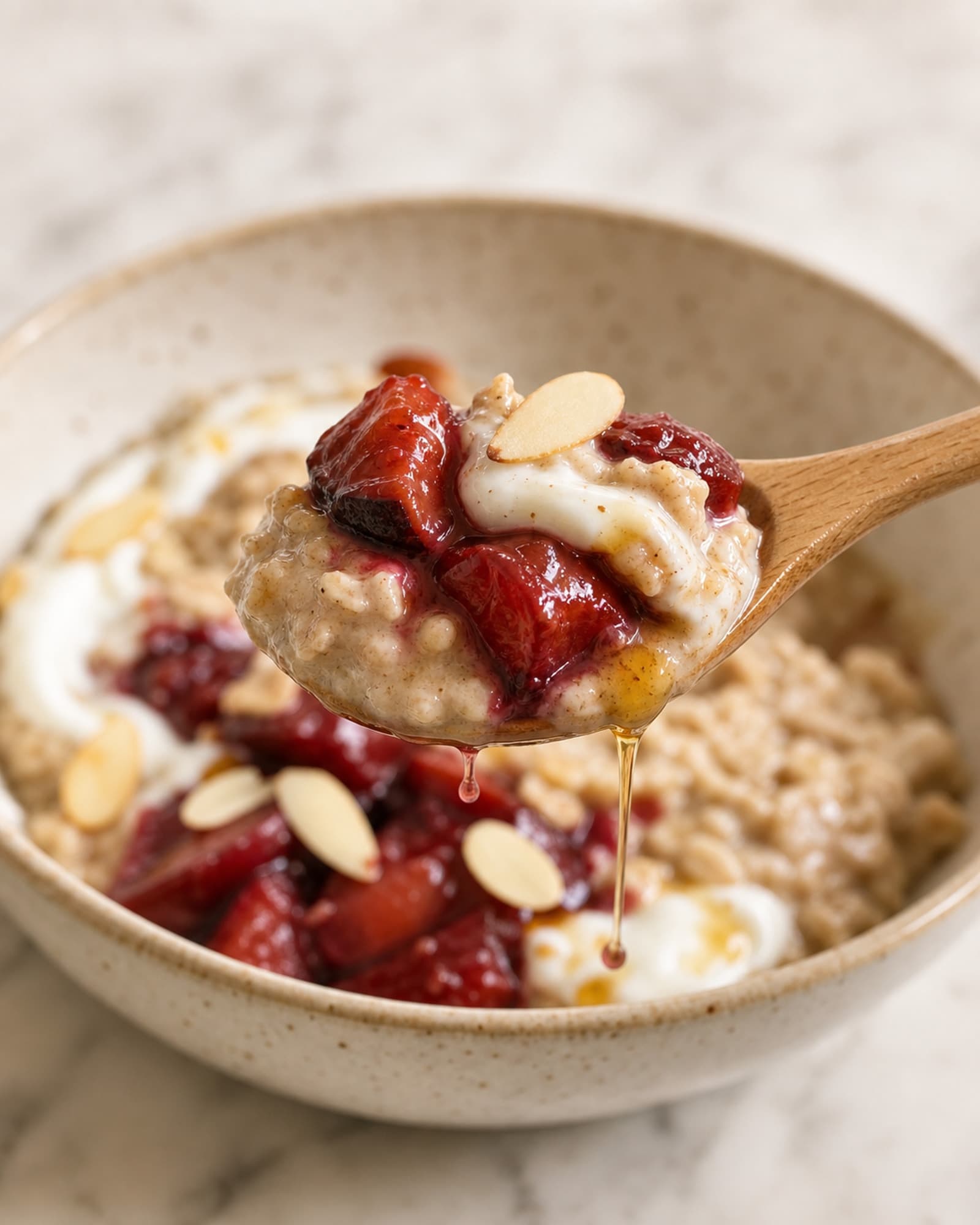 Macro close-up of a light oak wooden spoon lifted from a cream-speckled stoneware bowl of warm spiced oats, the spoon carrying a generous mixed bite of creamy pale oats, deep ruby plum compote with visible plum pieces, a soft swirl of thick white skyr, and a few slivered toasted almonds, with a thin strand of golden honey dripping back down toward the bowl. The rest of the bowl with more oats, skyr, plums, and almonds sits softly out of focus behind.