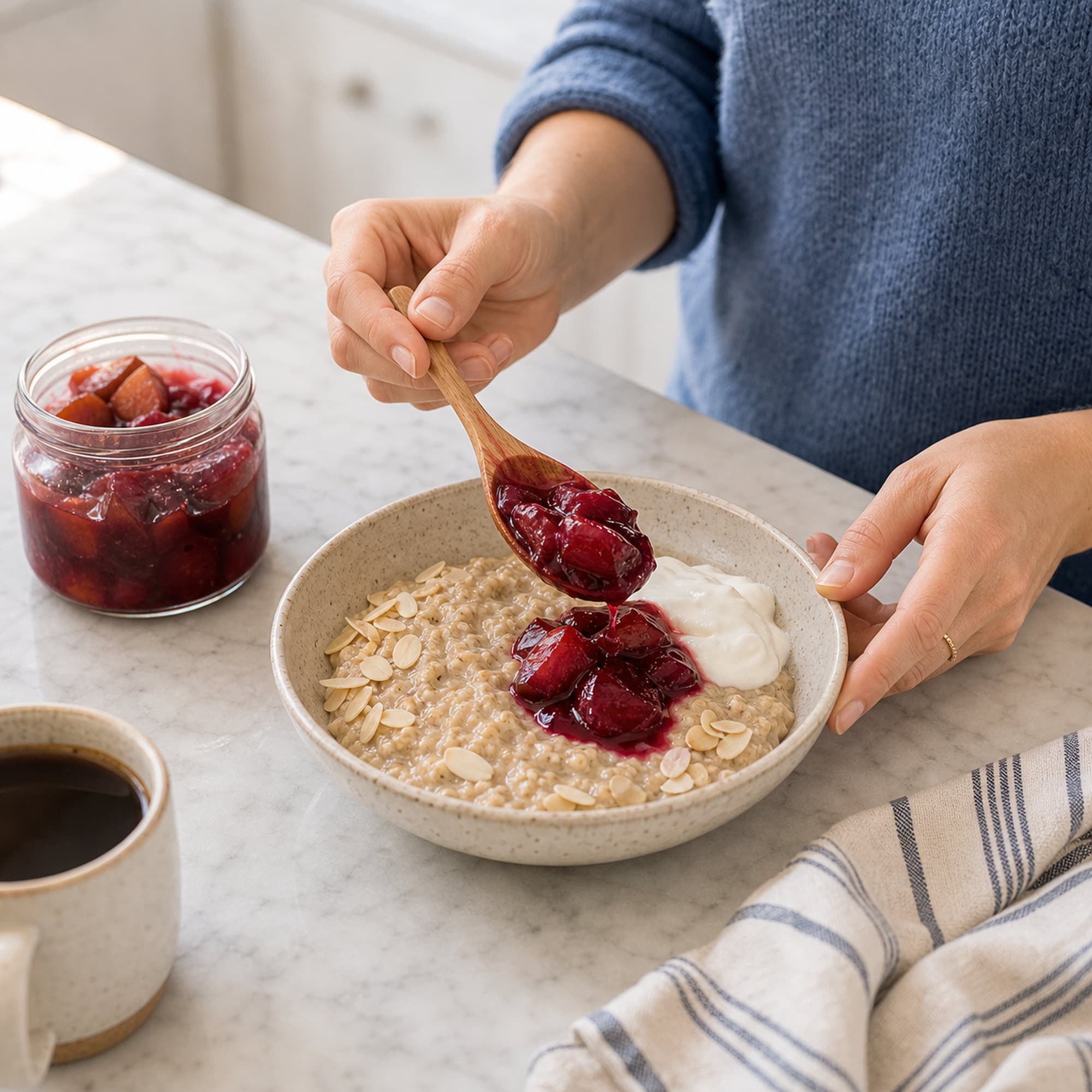 A pair of hands in a soft blue knit pullover with sleeves rolled to three-quarter length spooning warm stewed plum compote from a small clear glass jar onto a cream-speckled stoneware bowl of warm spiced oats. The lifted wooden spoon carries a generous mound of deep ruby plum compote with visible plum pieces and glossy syrup. The bowl already shows a soft dollop of thick white skyr and slivered almonds. A small ceramic cup of black coffee sits at the lower-left edge and a folded striped cream-and-blue linen tea towel at the lower-right, on a white marble counter.