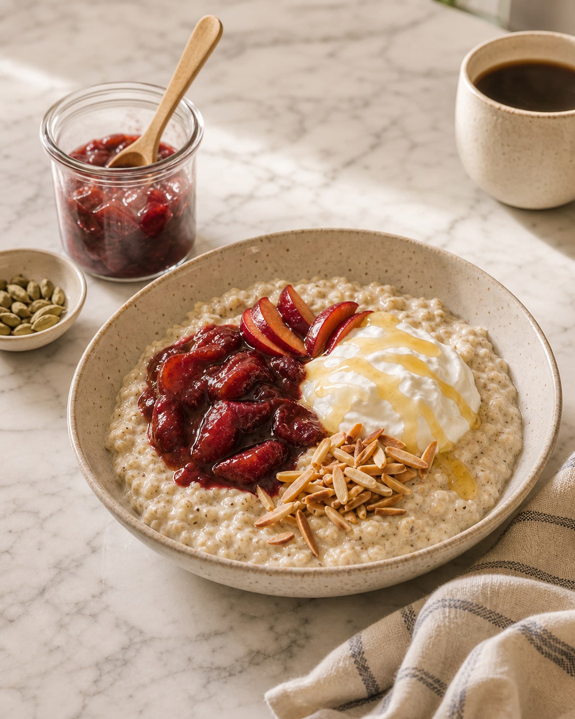 A wide cream-speckled stoneware bowl of warm creamy spiced oats on a white marble counter, topped with a generous spoonful of deep ruby-red stewed plum compote, a soft dollop of thick white skyr, a slow drizzle of golden honey, and a small scatter of toasted slivered almonds. A small clear glass jar of more plum compote sits beside the bowl, with a small light oak spoon resting in it, a folded striped cream-and-blue linen tea towel, and a small ceramic dish of green cardamom pods. Soft morning light from the kitchen window.