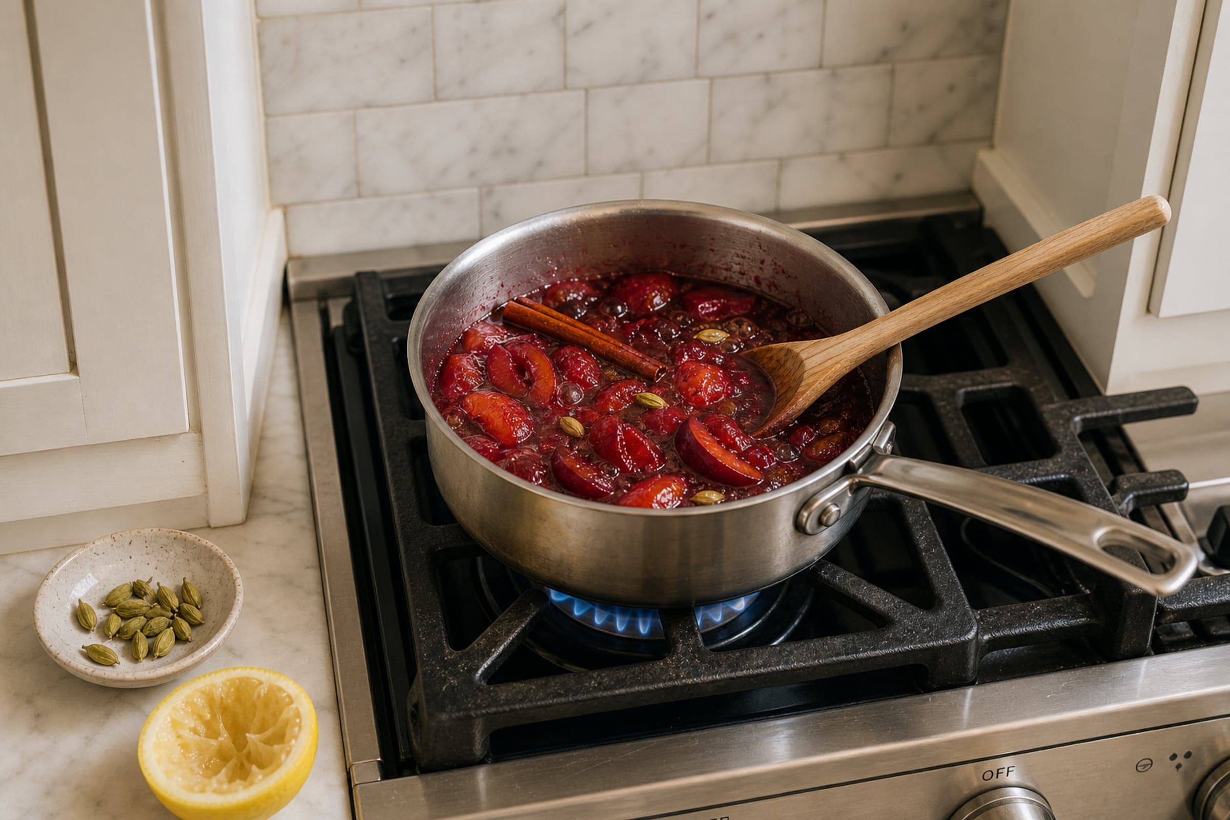 A small stainless steel saucepan on a lit gas stovetop, gently simmering a deep ruby-red stewed plum compote with visible plum quarters and glossy syrup. A wooden spoon rests in the saucepan and whole green cardamom pods are scattered on top of the compote. A small blue gas flame is visible under the pan, with black cast iron grates around it. A marble subway-tile backsplash sits directly behind the stove and a white shaker cabinet flanks at the left. A small ceramic dish of more cardamom pods and a halved juiced lemon sit on the marble counter at the lower-left edge.
