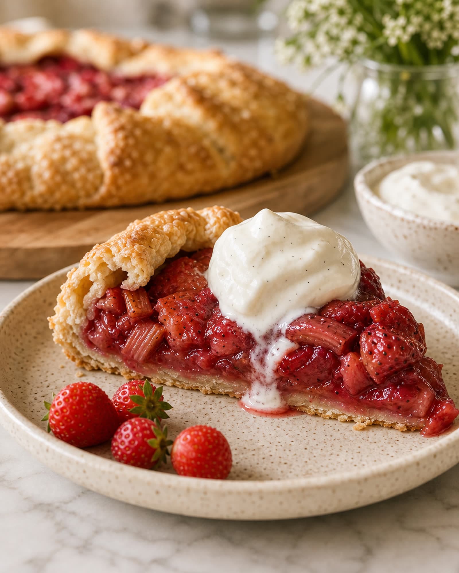 Macro close-up of one slice of strawberry rhubarb galette on a cream-speckled stoneware plate, showing the layers in cross-section: a flaky golden brown crust on top and bottom, a jewel-red filling of strawberries and rhubarb with visible vanilla bean specks, and a generous dollop of cold thick vanilla skyr starting to melt and slump on top with a thin streak meeting the red filling. Two fresh strawberries with green tops sit on the plate beside the slice, with the rest of the galette and a small dish of more skyr softly out of focus behind.