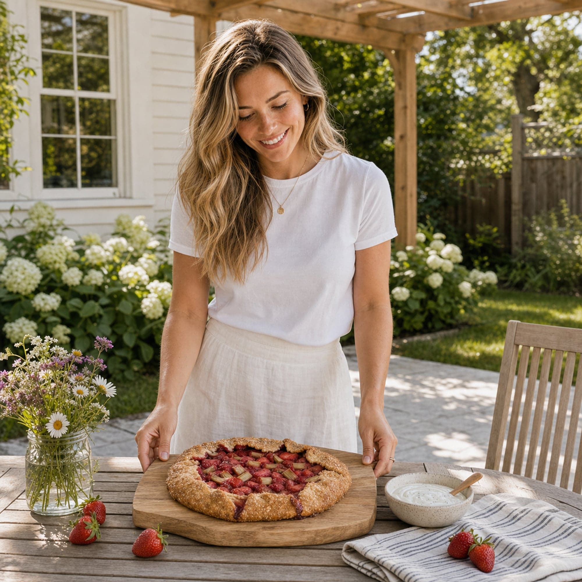 Anna Lind Harper in a white linen midi skirt and fitted white tee, long honey-blonde wavy hair worn down, looking down at a freshly-baked strawberry rhubarb galette with a warm candid smile as she rests both hands on a round wooden serving board on a light oak outdoor dining table in the backyard pergola area of her Scandinavian-modern home. A small clear glass jar of fresh summer wildflowers, a small cream-speckled stoneware dish of vanilla skyr with a wooden spoon, a folded striped cream-and-blue linen napkin, and a few fresh strawberries are scattered around the board. Soft summer late-afternoon sunlight filters through the pergola, with white shaker farmhouse siding and hydrangea blooms softly out of focus behind.