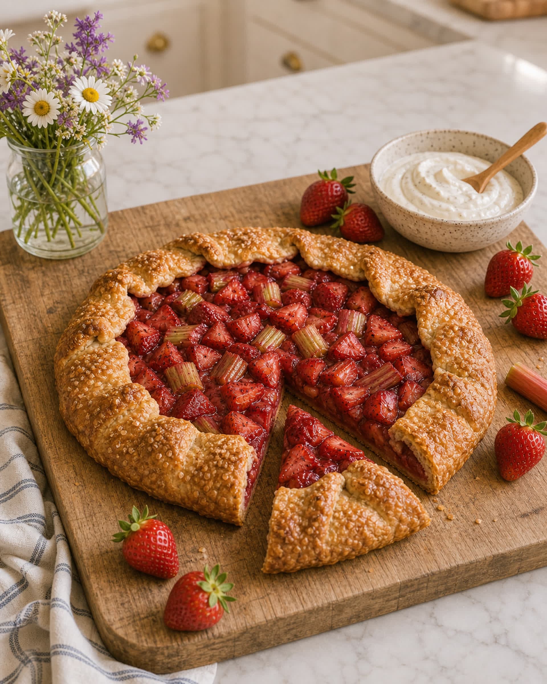 A rustic free-form strawberry rhubarb galette resting on a large light oak wooden board on a white marble counter, the deeply golden brown crust folded up over a heap of bubbling jewel-red strawberry and rhubarb filling with the vanilla bean specks visible, sparkling raw sugar across the crust, a few fresh strawberries scattered on the board, a small ceramic dish of vanilla skyr with a wooden spoon resting in it, a small bunch of fresh wildflowers in a clear glass jar, and a folded striped cream-and-blue linen tea towel. Soft summer afternoon light from the kitchen window.