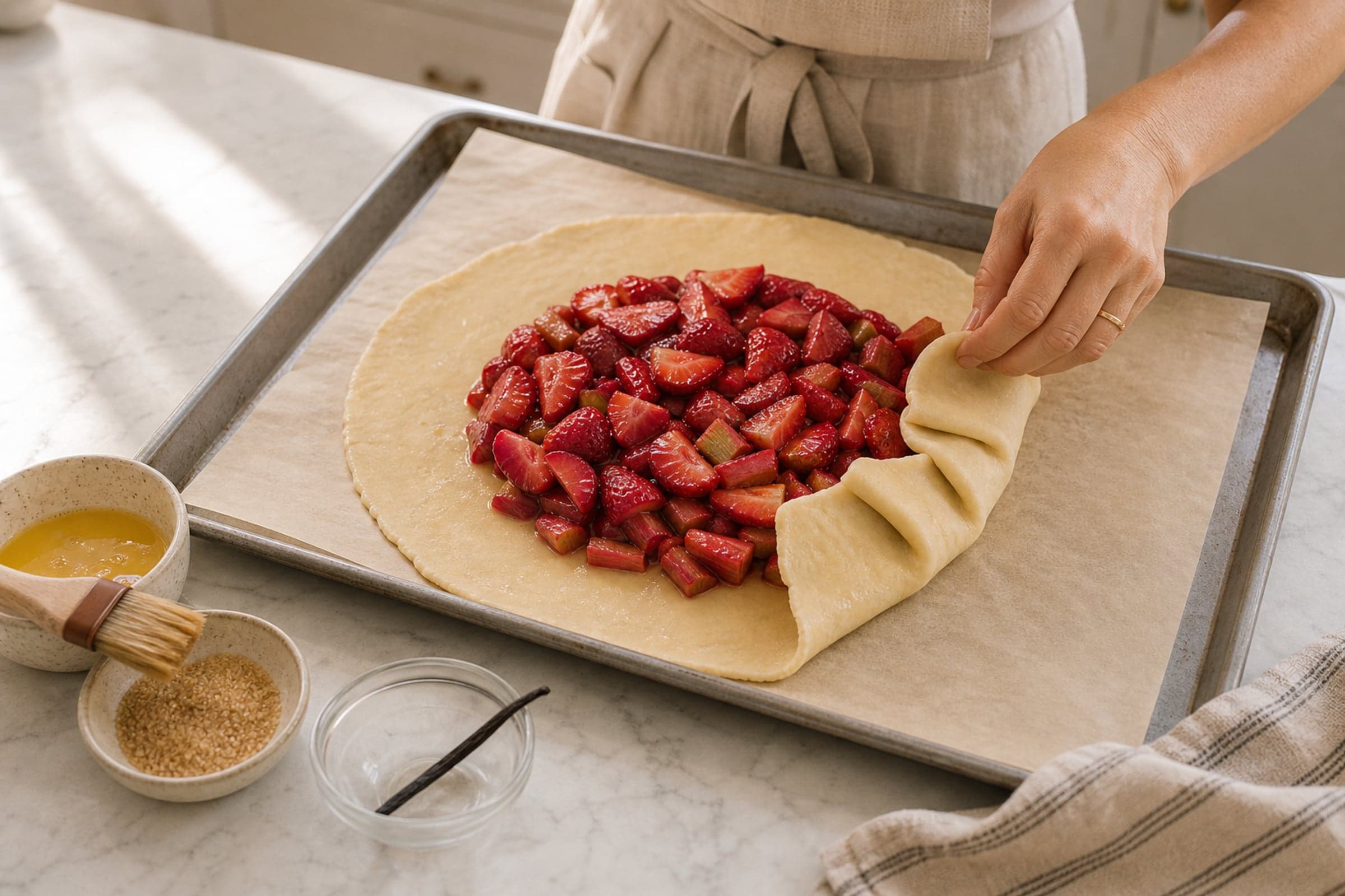 A hand in a fitted white tee with a beige linen apron strap visible gently folding the edge of a rolled-out circle of pale all-butter pie dough up over a heaped pile of quartered strawberries and sliced rhubarb in the center, on a parchment-lined half-sheet pan. Two or three pleats are already done on the right side. A small ceramic bowl of beaten egg wash with a wooden pastry brush, a small ceramic dish of turbinado raw sugar, and a small glass bowl with a spent vanilla pod sit at the lower-left, with a folded striped cream-and-blue linen tea towel at the lower-right, on a white marble counter.