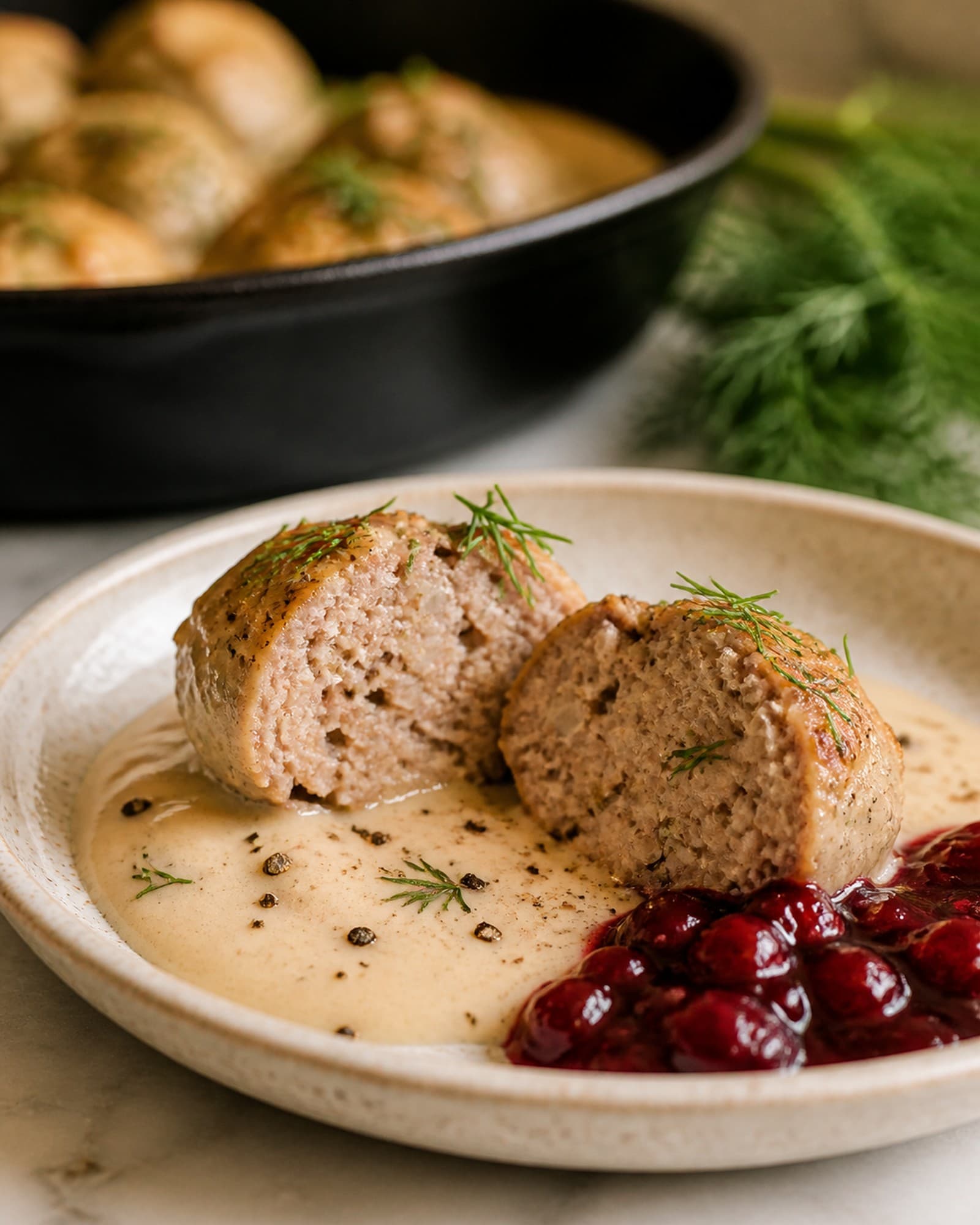 Macro close-up of one Swedish meatball cut cleanly in half on a small cream-speckled stoneware plate, the two halves resting cut-side-up on a small pool of glossy creamy pan sauce with visible cracks of black pepper. Tender interior crumb showing flecks of allspice, nutmeg, and finely diced onion. A small fresh dill sprig sits on each half and a generous mound of bright deep-red lingonberry preserve with visible whole berries sits at the right edge of the plate. A cast iron skillet with more meatballs in cream sauce and a bunch of fresh dill sit softly out of focus behind.