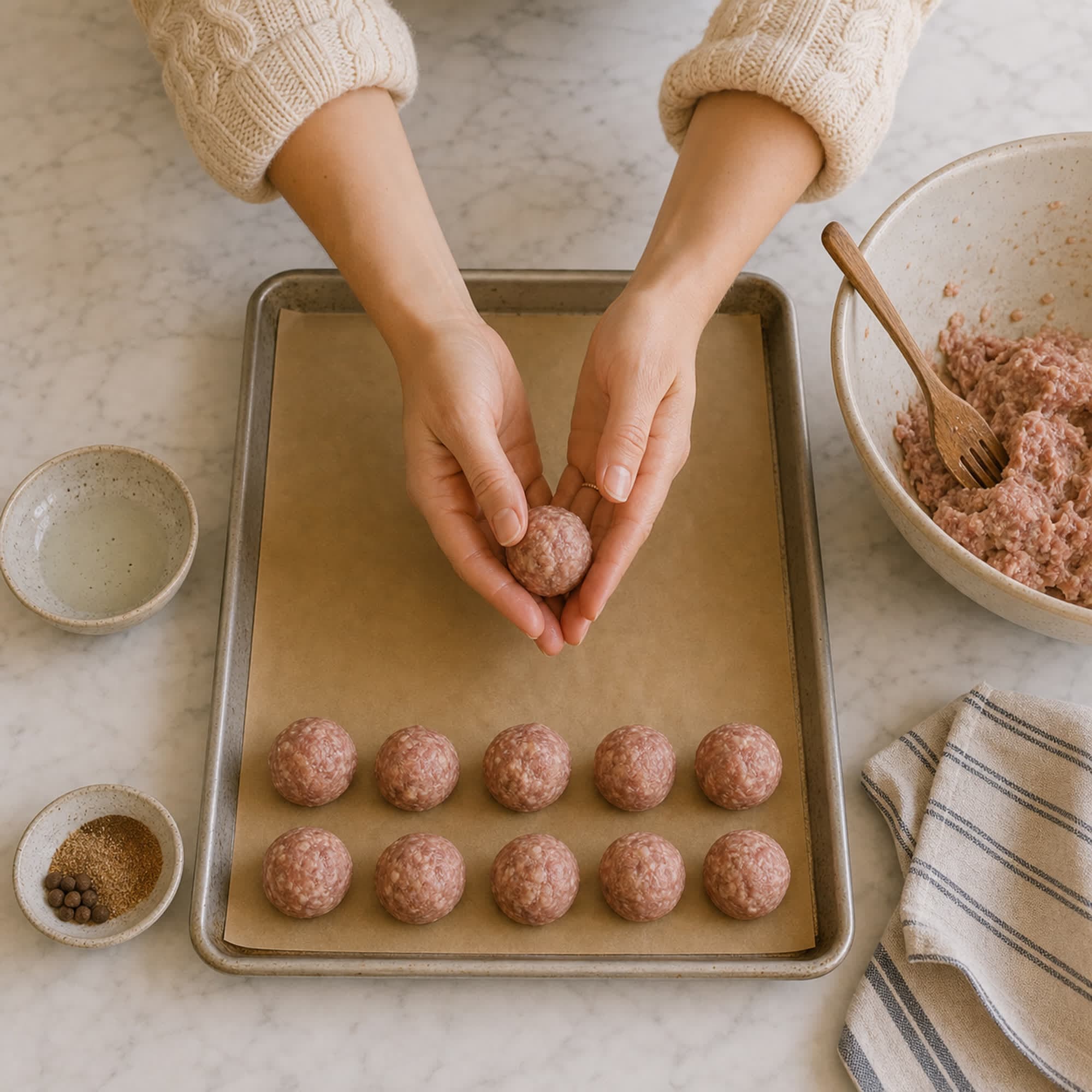 An overhead view of a pair of hands in a cream cable-knit sweater rolling a small Swedish meatball between cupped palms over a parchment-lined half-sheet pan, with ten already-rolled meatballs arranged in a neat row beneath, each handmade and slightly uneven. A large cream-speckled stoneware mixing bowl with remaining raw meat mixture and a wooden spoon sits at the upper-right of the frame, with small ceramic dishes of oil and warm spices flanking the sheet pan, and a folded striped cream-and-blue linen tea towel at the lower-right, on a white marble counter.