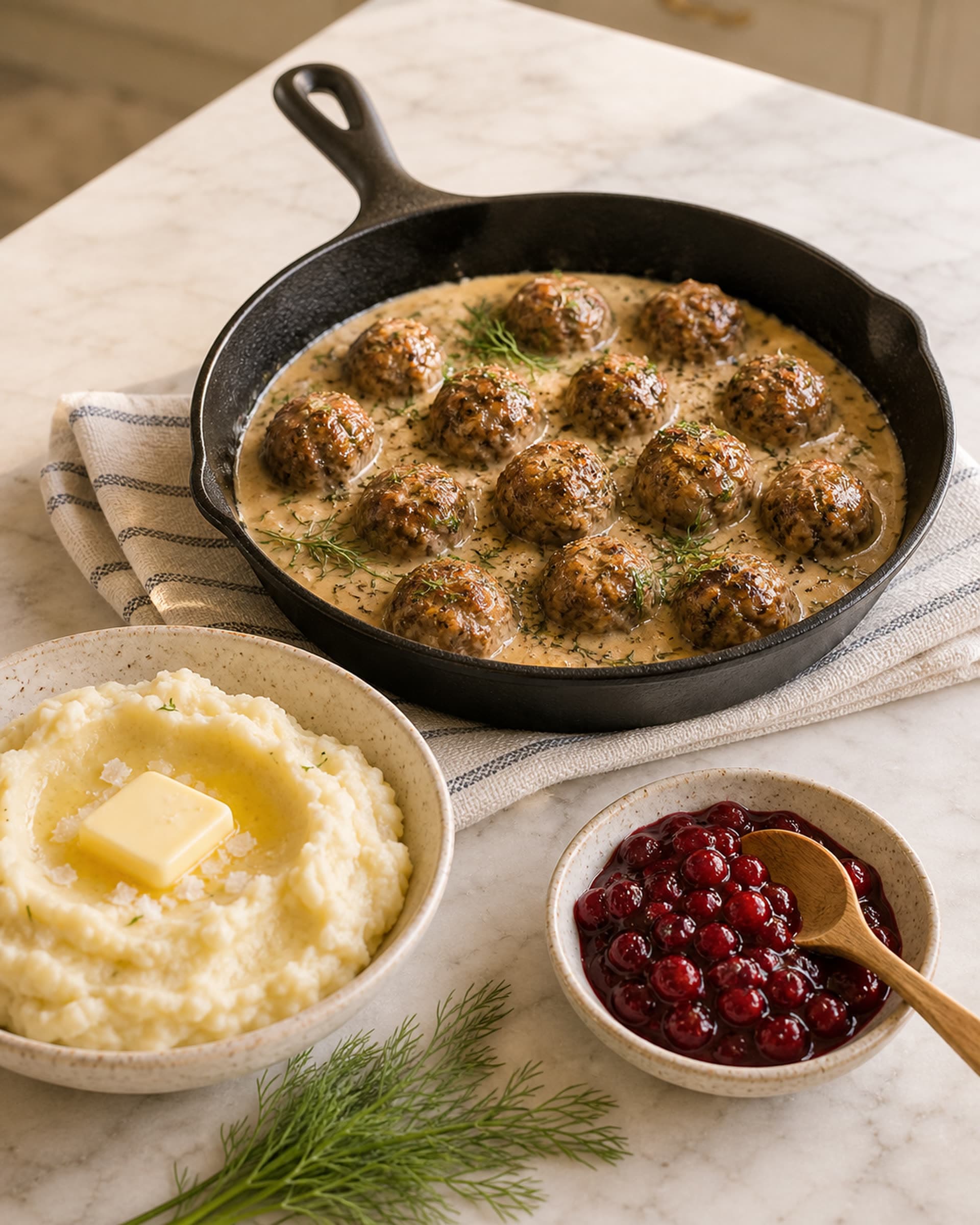 A black cast iron skillet of about a dozen small golden brown Swedish meatballs sitting in a glossy creamy pan sauce, scattered with fresh dill and freshly cracked black pepper, on a white marble counter. Beside the skillet: a wide cream-speckled stoneware bowl of fluffy mashed potatoes with a pat of butter melting on top, a small cream-speckled stoneware dish of bright deep-red lingonberry preserve with a small light oak spoon resting in it, a folded striped cream-and-blue linen tea towel, and a small bunch of fresh dill sprigs. Soft afternoon light from the kitchen window.