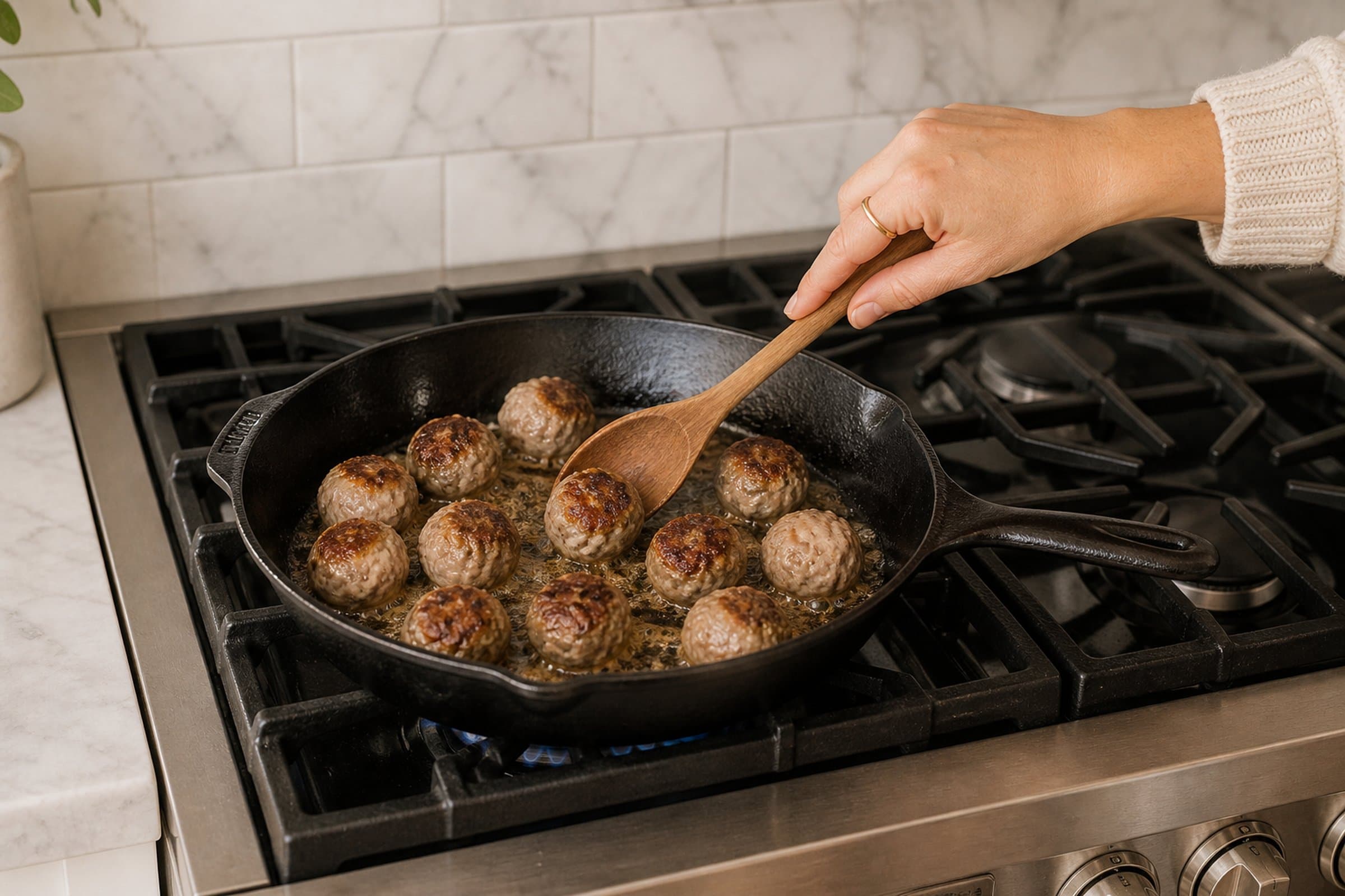 A hand in a cream cable-knit sweater with sleeves pushed to mid-forearm holding a wooden spoon over a black cast iron skillet of about a dozen small Swedish meatballs browning in melted butter on a lit gas stovetop. The meatballs are at varied stages of browning, with some showing deep golden sears and others still pale. Cast iron grates surround the skillet with a small blue flame visible underneath, a marble subway-tile backsplash sits directly behind the stove, and a white shaker base cabinet flanks at the left.