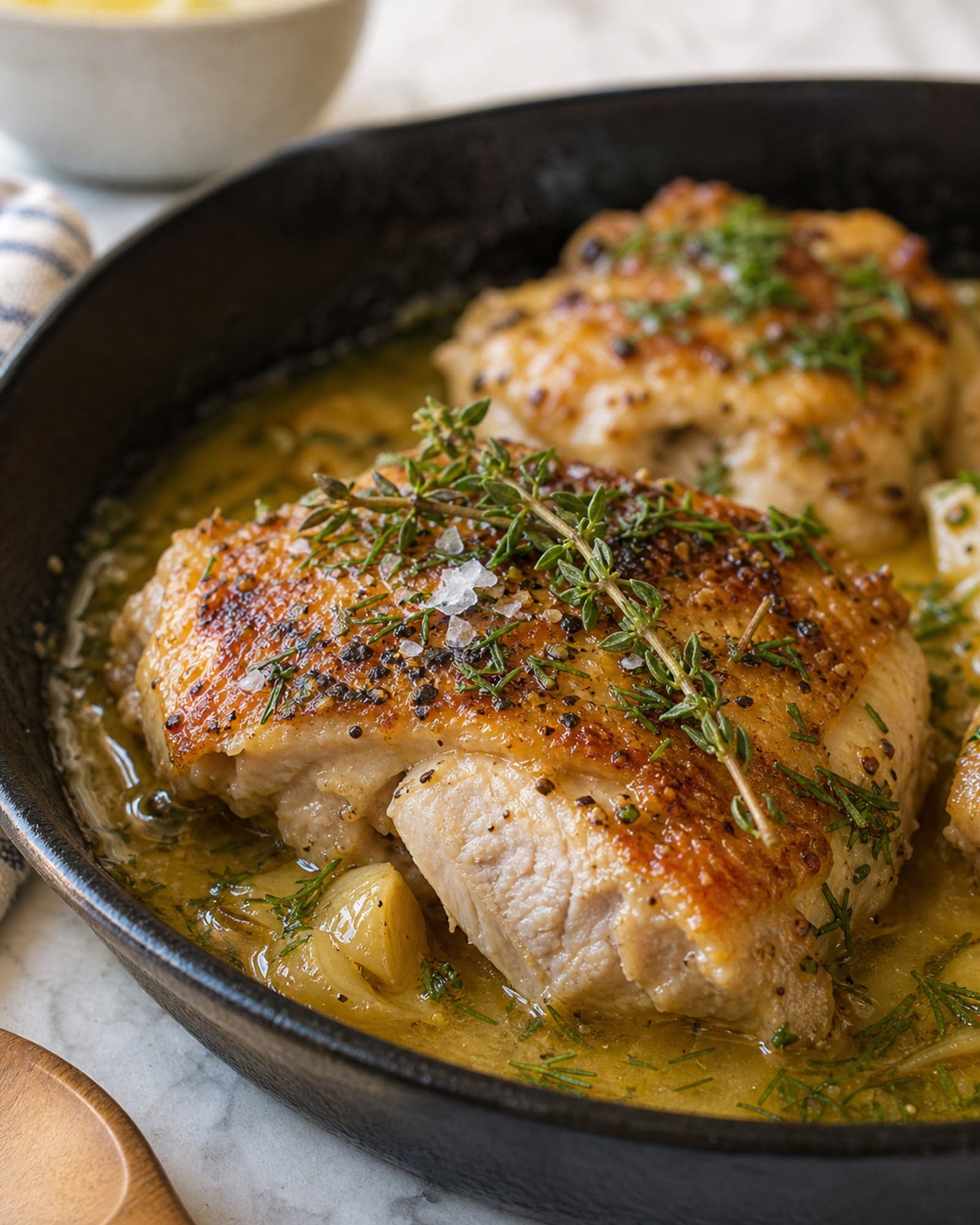Macro close-up of one golden-seared boneless chicken thigh resting in a pool of glossy lemon-butter pan sauce in a cast iron skillet, topped with a fresh thyme sprig, scattered chopped dill, a piece of softened smashed garlic, a flake of flaky salt, and visible cracks of black pepper. The deeply browned sear on the chicken catches the light.