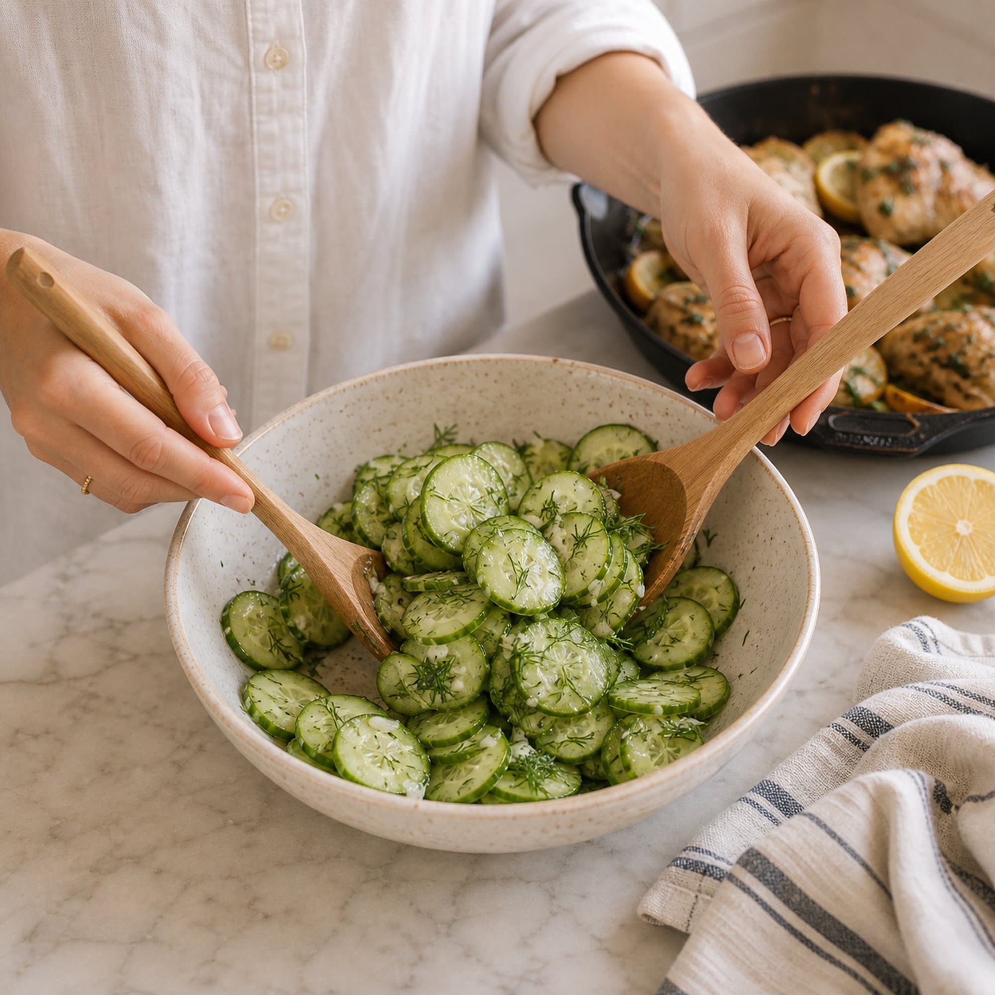 A pair of hands in white linen button-down sleeves rolled to three-quarter forearm length tossing a quick cucumber salad of thinly sliced cucumber, finely chopped fresh dill, vinegar, salt, and olive oil with two wooden serving spoons in a wide cream-speckled stoneware bowl on a white marble counter. The cast iron skillet of finished lemon herb chicken thighs sits softly out of focus behind the bowl, with a folded striped cream-and-blue linen tea towel and a halved lemon at one edge of the frame.