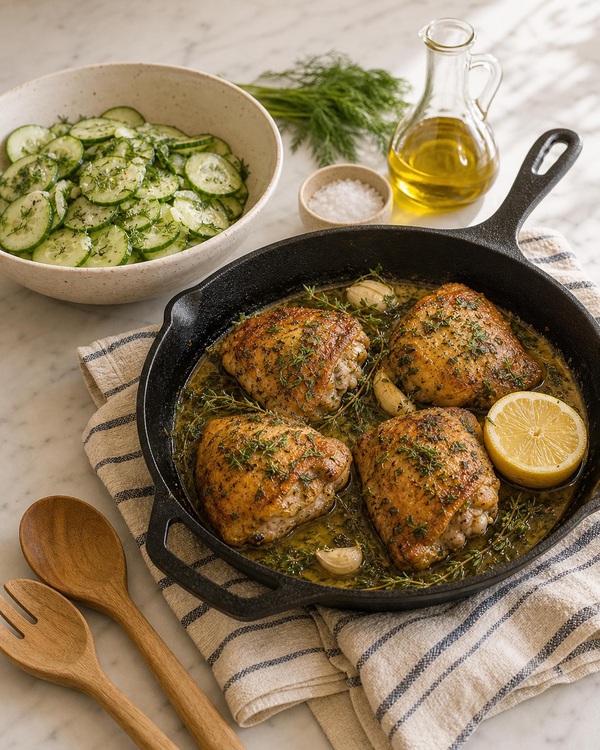 A cast iron skillet on a folded striped cream-and-blue linen tea towel on a white marble counter, holding four golden seared boneless chicken thighs glossy with pan juices, scattered fresh thyme sprigs and chopped dill, two smashed garlic cloves softened in the pan, and a halved lemon nestled at one edge. Beside the skillet: a wide cream-speckled stoneware bowl of quick cucumber salad with thinly sliced cucumber, fresh dill, a small dish of flaky salt, and a small clear glass cruet of olive oil. Soft late-afternoon kitchen light.