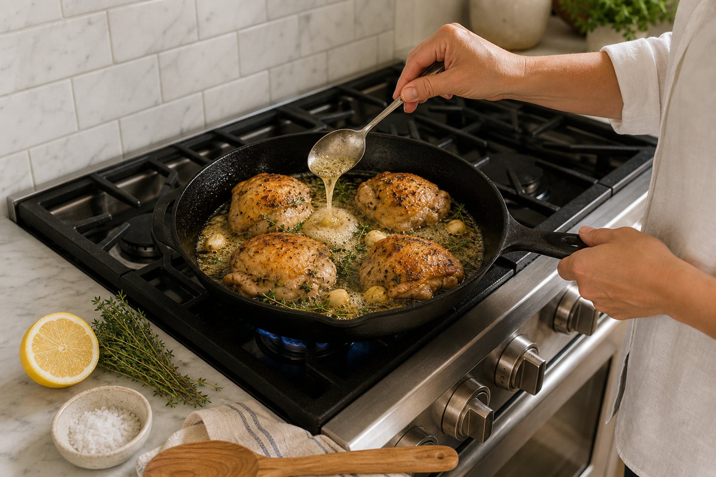 A hand in a white linen button-down sleeve rolled to three-quarter forearm length holding a metal serving spoon and basting golden-seared boneless chicken thighs with foaming melted butter, smashed garlic cloves, and fresh thyme sprigs in a cast iron skillet on a lit gas stovetop. A small blue gas flame is visible at the base of the skillet, with cast iron grates around it and a marble subway-tile backsplash directly behind the stove.