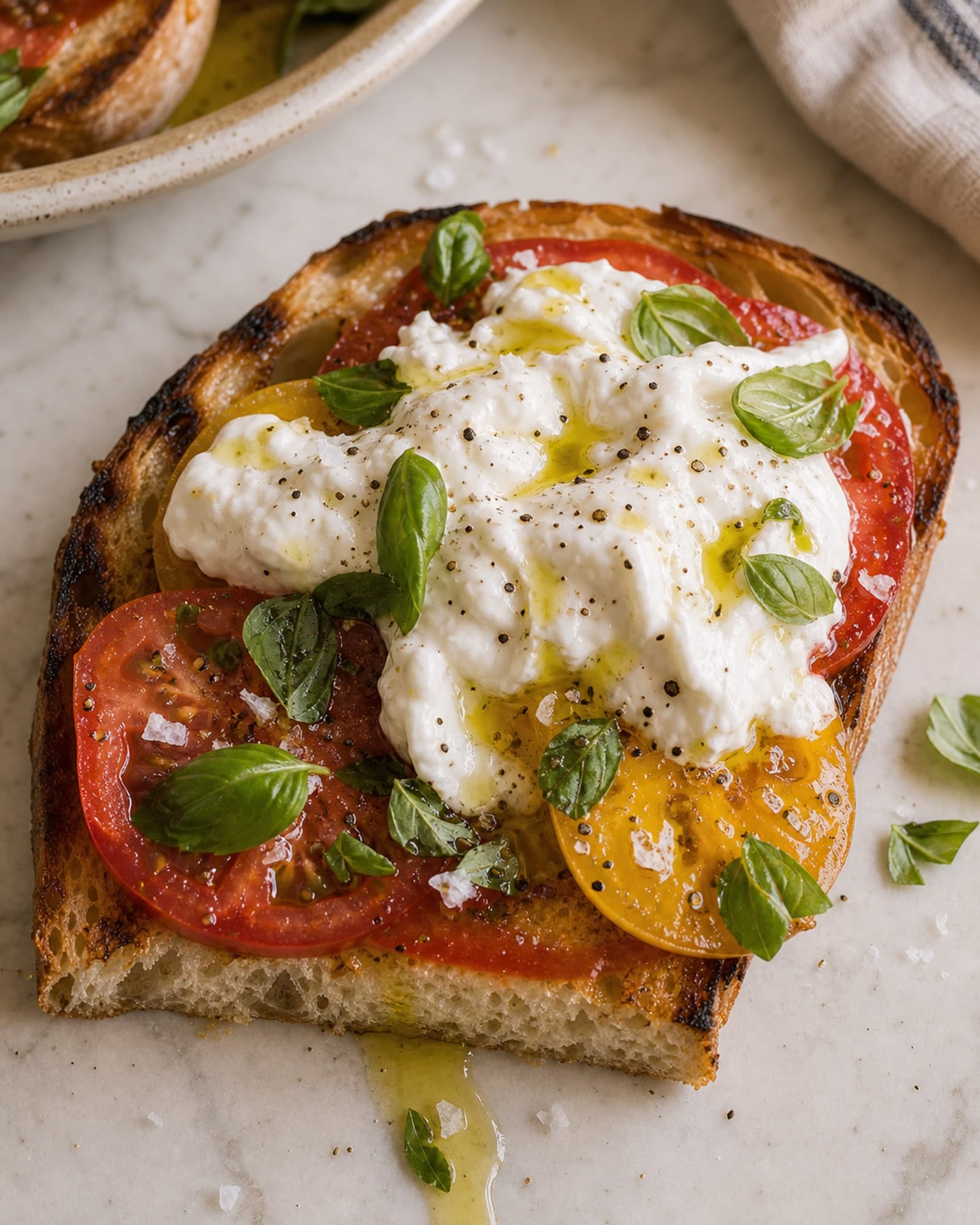 Near-top-down macro close-up of one assembled tomato burrata toast: a thick slice of deeply grilled sourdough with visible char marks on the crust edges, layered with thick slices of ripe red and bright yellow heirloom tomato, topped with a generous pillow of torn fresh burrata cheese with its creamy white center spilling onto the tomatoes and bread, scattered with whole and torn fresh basil leaves, drizzled with green-gold olive oil that pools on the bread and drips off one edge onto the white marble surface, finished with flaky sea salt flakes and cracked black pepper.