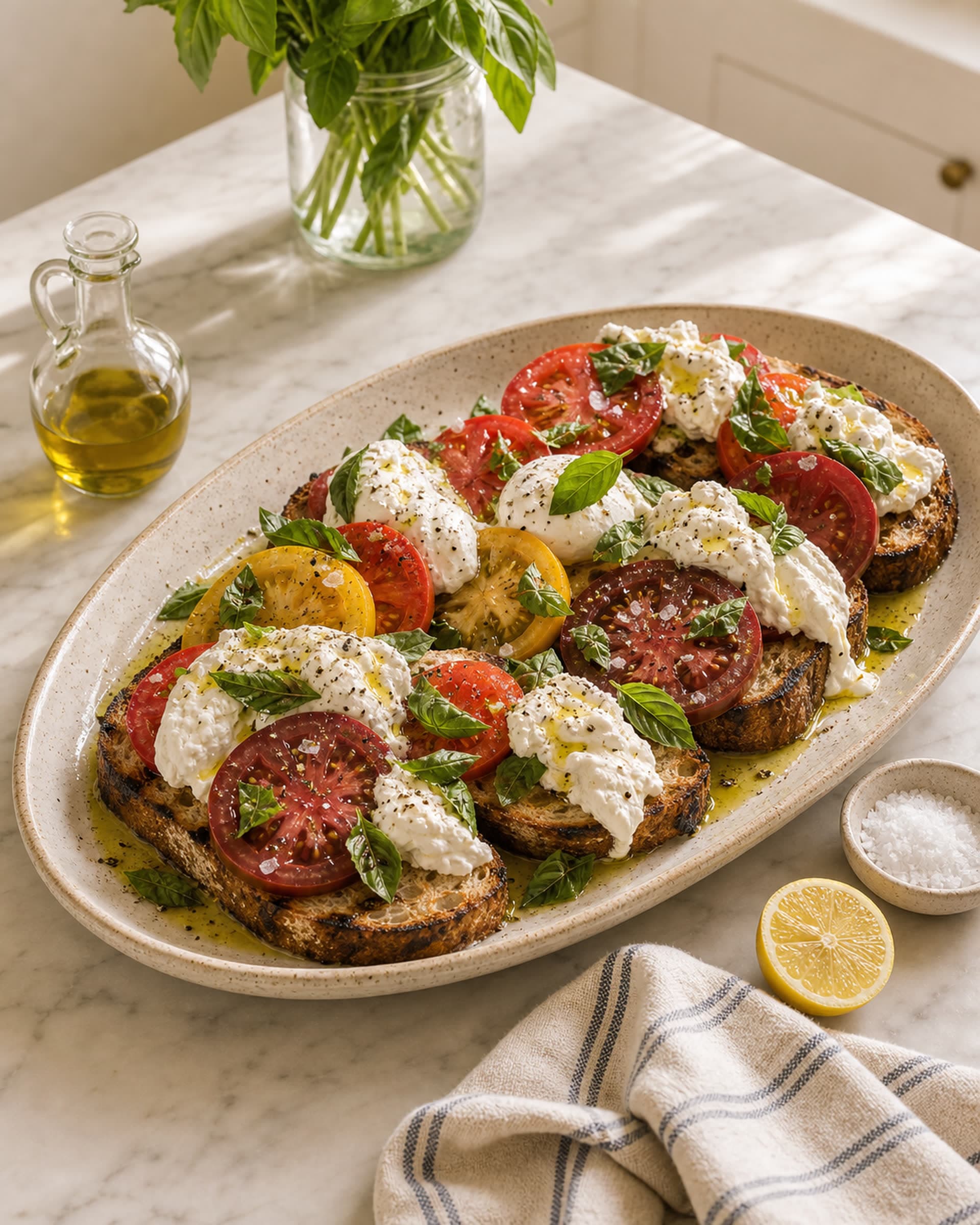 A large oval cream-speckled stoneware platter on a white marble counter holding four slices of grilled sourdough bread topped with thick juicy slices of ripe red and yellow heirloom tomatoes, generous pillows of torn burrata cheese with creamy centers spilling slightly, scattered fresh basil leaves of various sizes, a generous drizzle of green-gold olive oil pooling at the edges, flaky sea salt flakes, and cracked black pepper. A small clear glass cruet of more olive oil, a small dish of flaky salt, a halved lemon, and a folded striped cream-and-blue linen tea towel sit beside the platter. Soft summer afternoon light from the kitchen window.