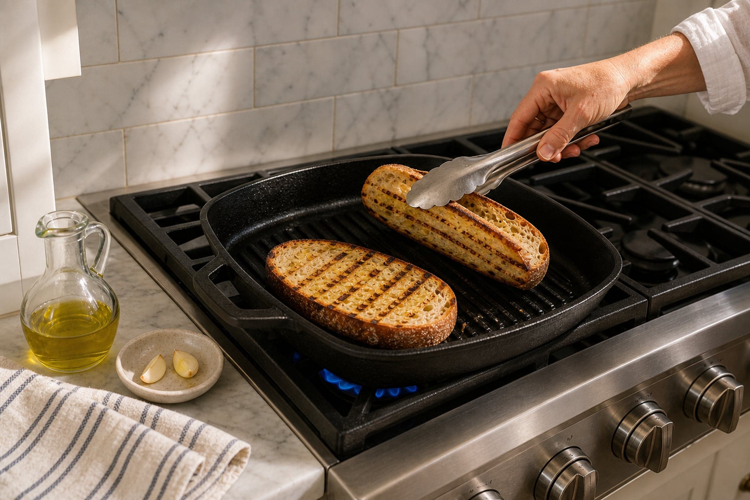 A black cast iron grill pan with raised ridges on a lit gas stovetop, with two thick slices of sourdough bread mid-grill showing deeply golden char lines from the grill ridges. A bare hand with a white linen button-down cuff visible holds stainless steel kitchen tongs and is lifting one slice slightly to show the grilled underside. A small blue gas flame is visible under the grill pan and cast iron grates surround it. A marble subway-tile backsplash sits directly behind the stove, a white shaker base cabinet flanks at the left, and a small clear glass cruet of olive oil with a small ceramic dish of halved garlic cloves sits on the marble counter at the lower-left.