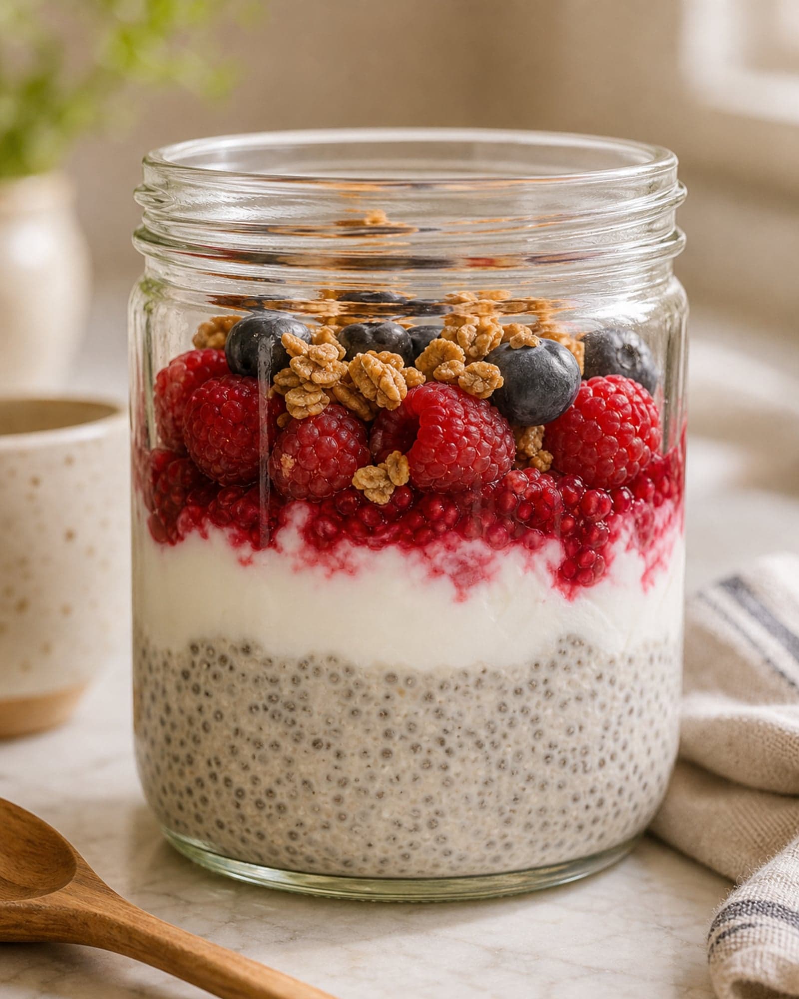 A close-up of one glass jar of chia pudding seen through the glass: thick vanilla chia pudding with glossy seeds, a white band of skyr, crushed raspberries bleeding into it, and whole berries with granola on top.