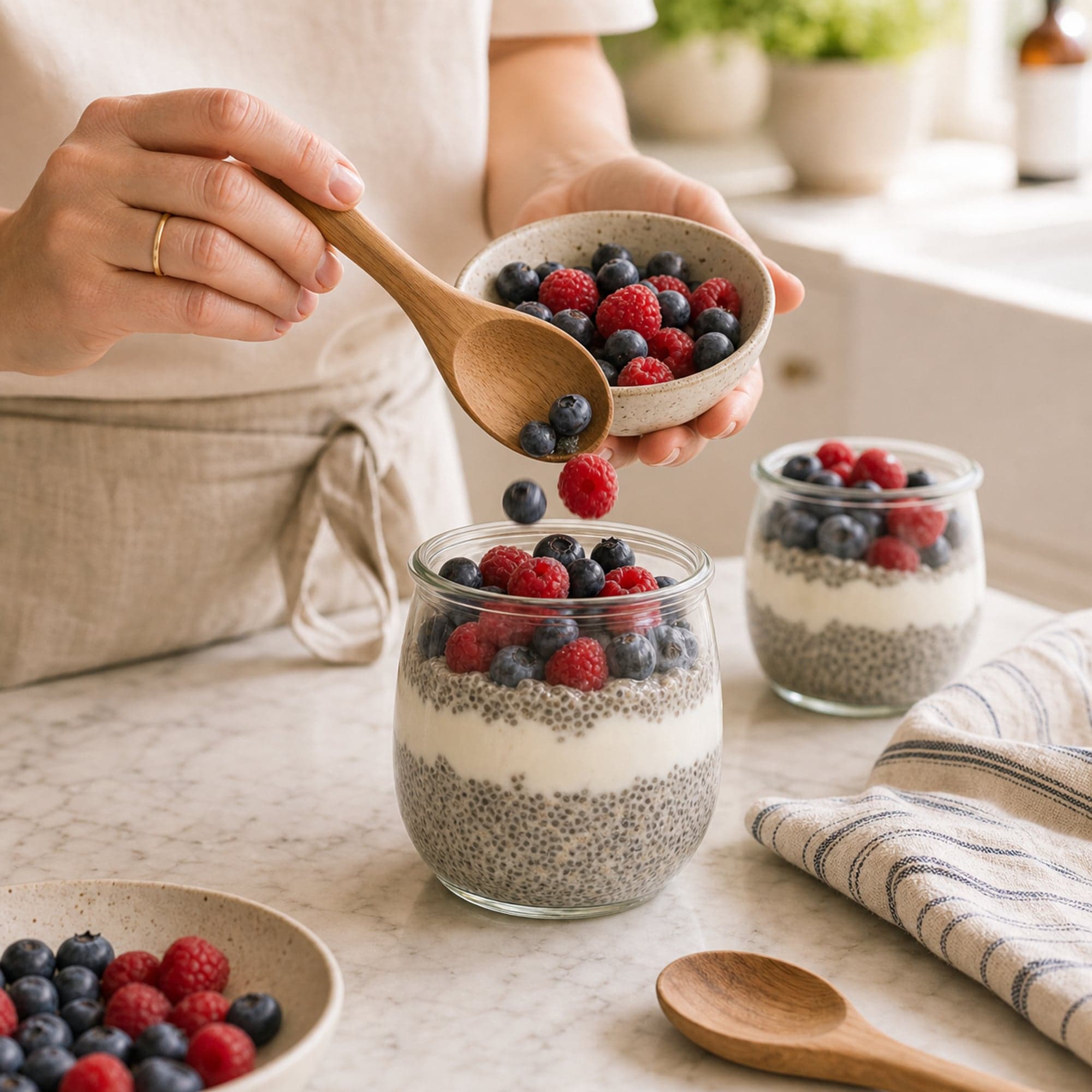 Hands in a beige linen apron spooning raspberries and blueberries from a small speckled bowl onto a finished jar of layered chia pudding, berries mid-fall, with a second finished jar beside it on the marble counter.