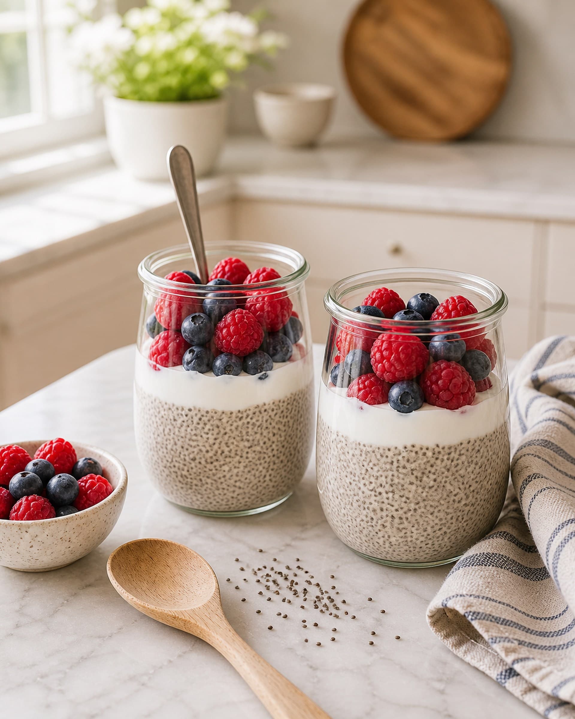 Two glass jars of layered chia pudding on a white marble counter in soft morning light: creamy vanilla chia pudding, a white band of skyr, and a cap of fresh raspberries and blueberries, with a spoon and a small bowl of berries beside them.