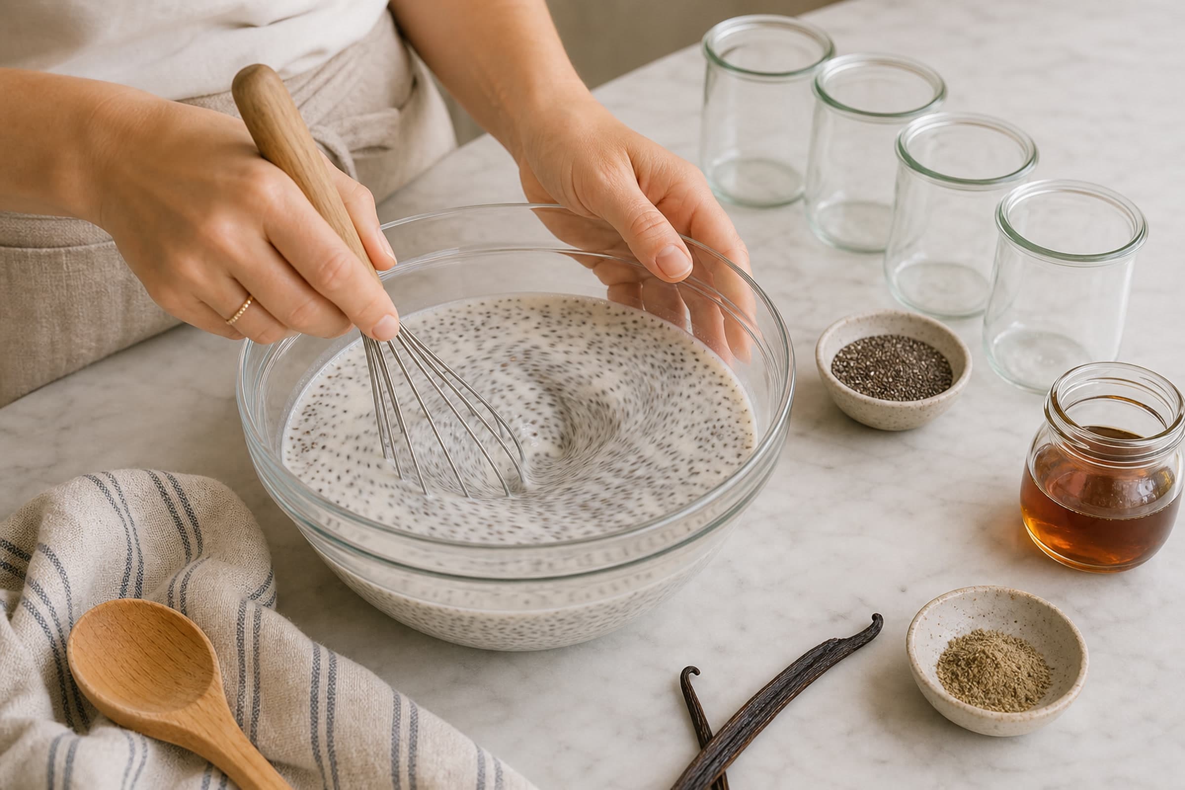 Hands in cream tee sleeves with a beige apron whisking chia seeds into vanilla-flecked milk in a glass bowl, with four empty jars lined up waiting, a small dish of chia seeds, a jar of maple syrup, vanilla beans, and a little dish of ground cardamom on the marble counter.