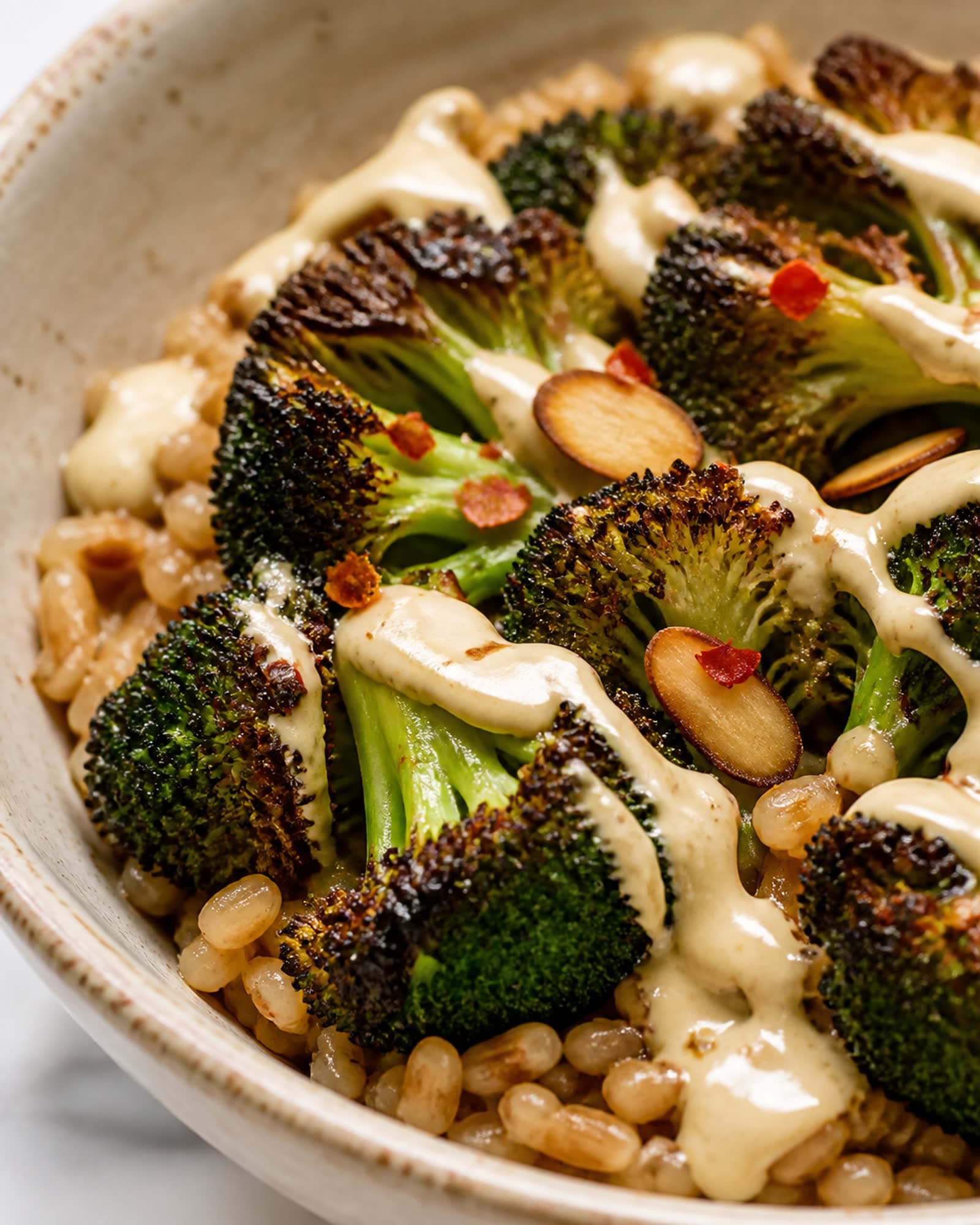 A close macro of the warm bowl: deeply charred, crispy-edged roasted broccoli over nutty farro, a drizzle of pale lemony tahini, toasted almonds, and a pinch of red chili flakes.