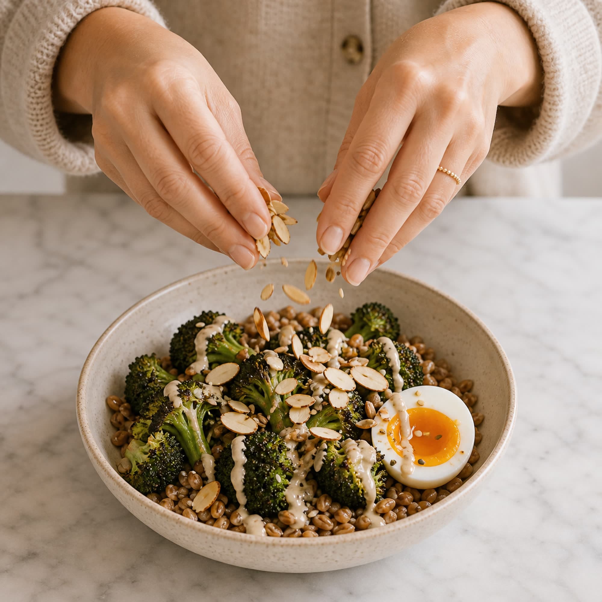 A pair of hands in an oatmeal cardigan sprinkling toasted sliced almonds over the finished warm farro bowl with charred broccoli, a halved jammy egg, and a tahini drizzle, the almonds caught mid-air.