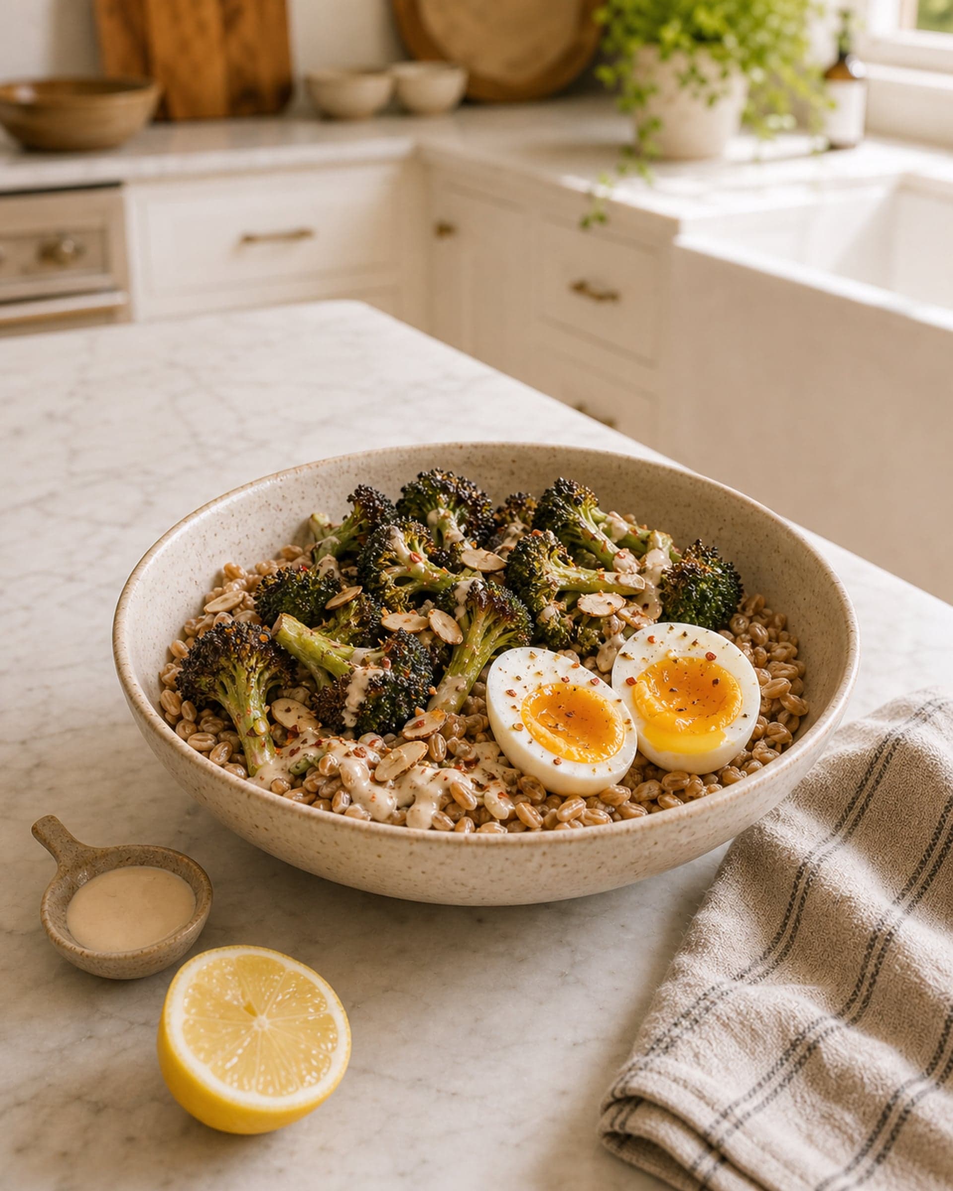 A warm grain bowl photographed at a three-quarter angle in a deep cream-speckled stoneware bowl on a white marble counter: a base of nutty cooked farro, a generous pile of roasted broccoli florets with deeply charred crispy edges, a soft jammy egg cut in half with a just-set golden center, a scatter of toasted sliced almonds, a drizzle of pale lemony tahini sauce, a pinch of red chili flakes, and a few cracks of black pepper. A small spoon of tahini, a halved lemon, and a folded oatmeal-colored linen napkin sit beside the bowl. Warm, soft natural light.