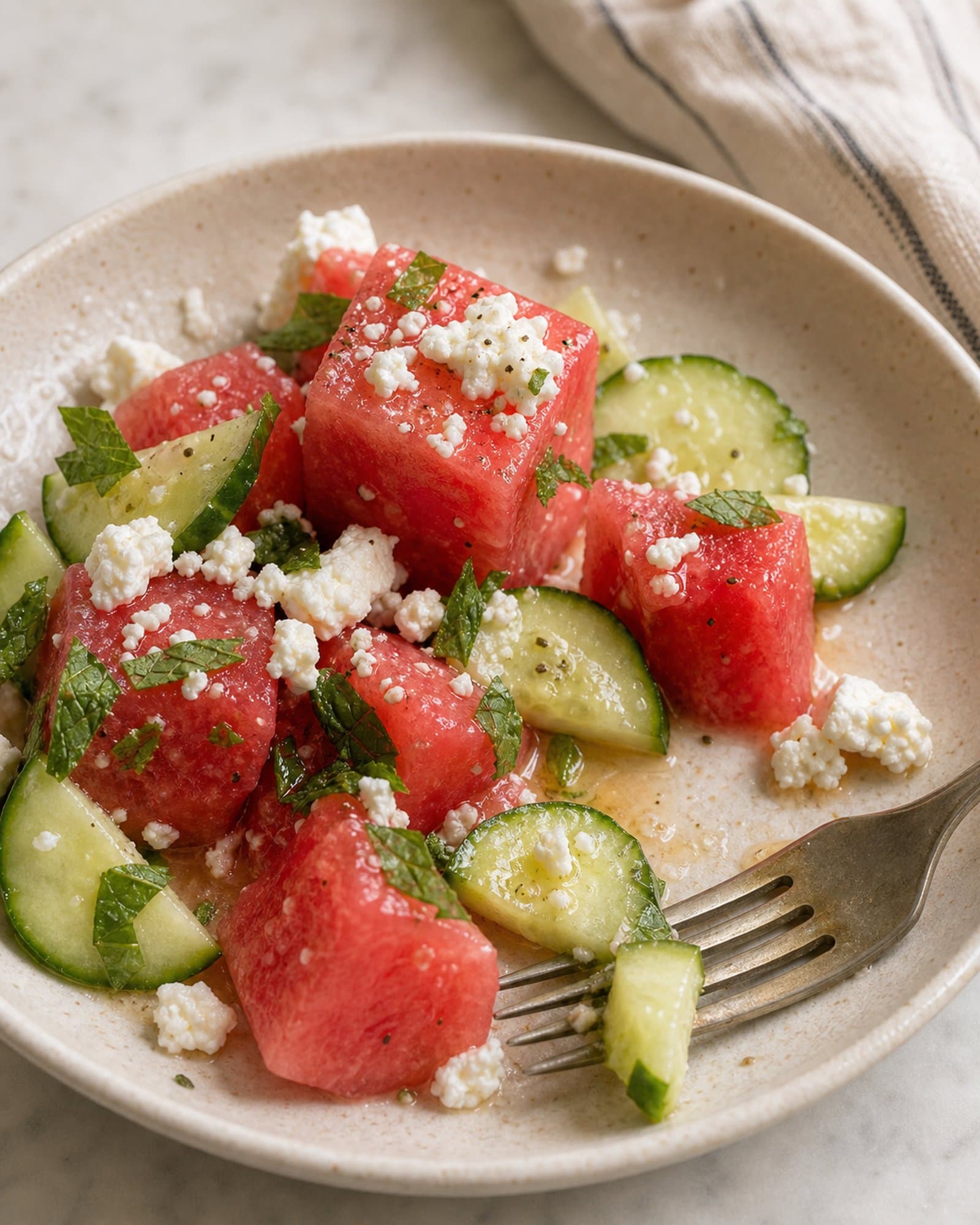 A close-up of a single serving of watermelon cucumber salad on a cream speckled plate: glossy watermelon cubes and cucumber half-moons beaded with lime dressing, scattered with feta crumbles and torn mint, a fork resting at the edge of the plate.