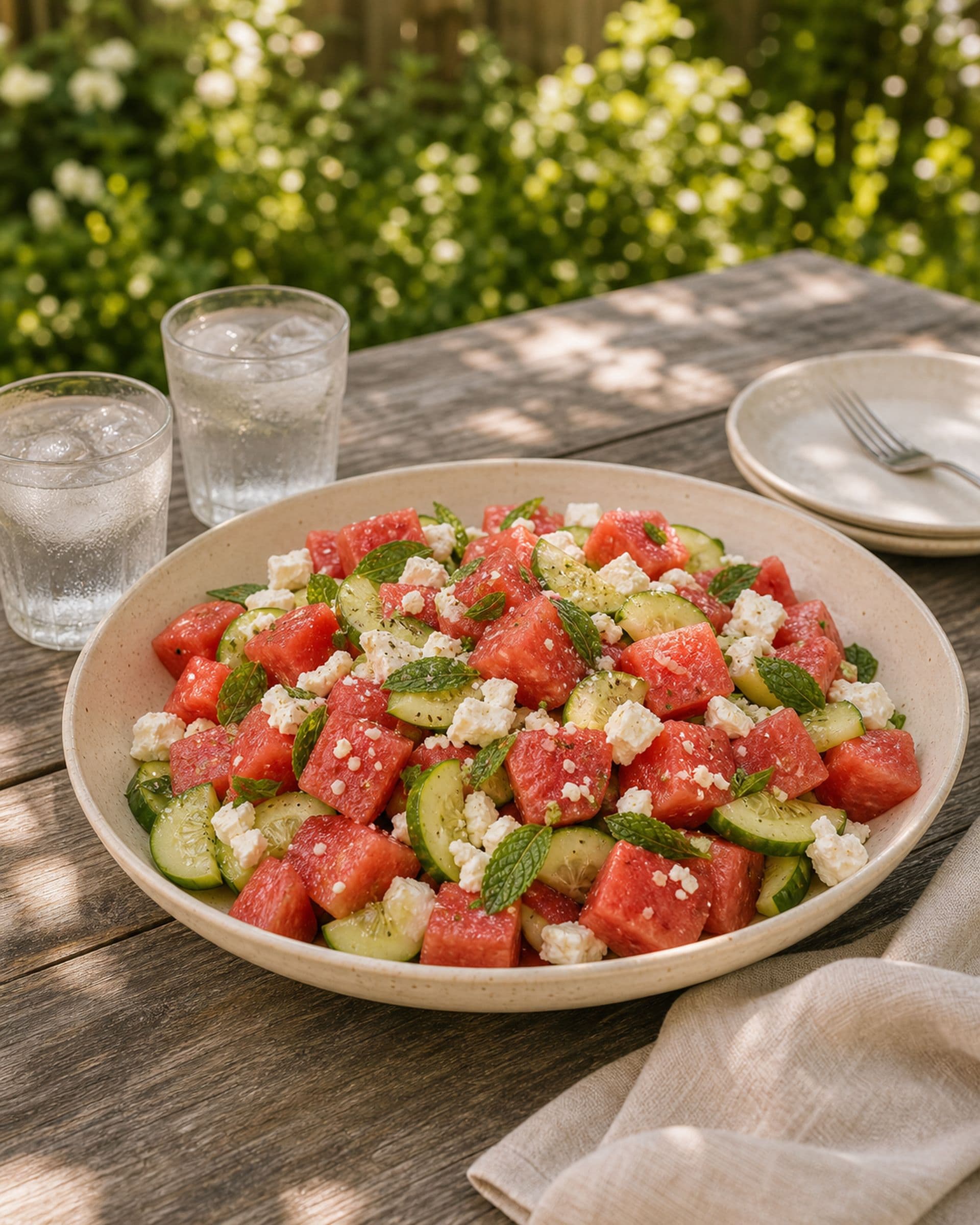 A wide shallow ceramic bowl of watermelon cucumber salad on a weathered wooden backyard table, seen from a three-quarter angle: deep pink watermelon cubes and pale green cucumber half-moons glossy with lime dressing, scattered with big crumbles of feta and torn mint leaves, with glasses of iced water and dappled afternoon shade around it.