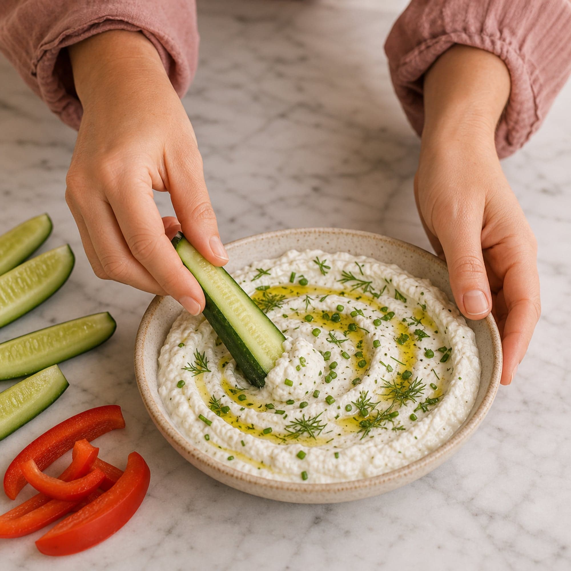 A pair of hands in a dusty-rose sleeve dipping a cucumber spear into the bowl of whipped cottage cheese dip on a marble counter.
