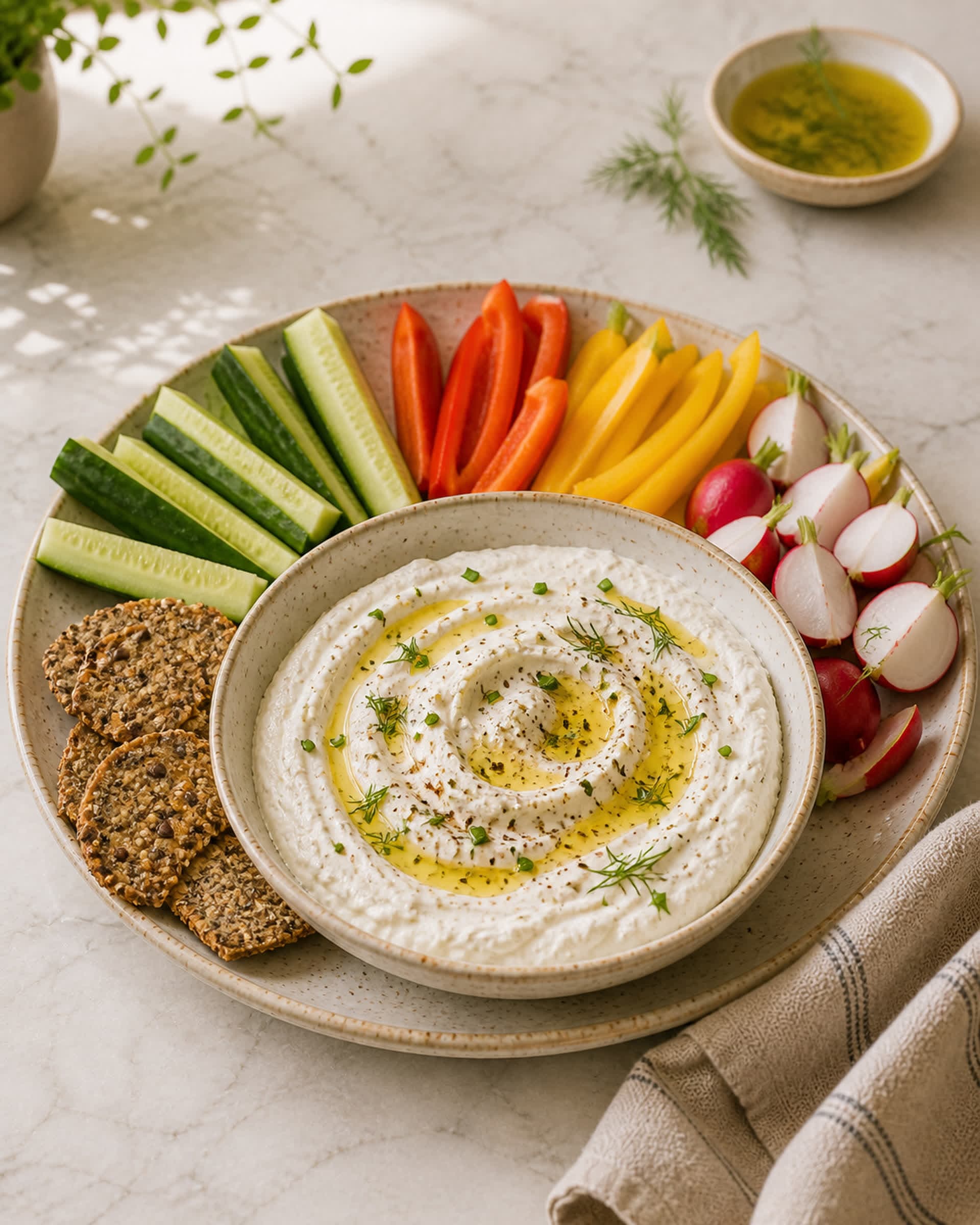 A shallow cream-speckled bowl of silky whipped cottage cheese dip on a white marble counter, the smooth surface swirled and drizzled with olive oil, flecked with chopped chives and dill, and finished with cracked black pepper. Around the bowl, a fan of cucumber spears, red and yellow pepper strips, halved radishes, and a few seeded crackers for scooping. Soft natural light from the kitchen window.