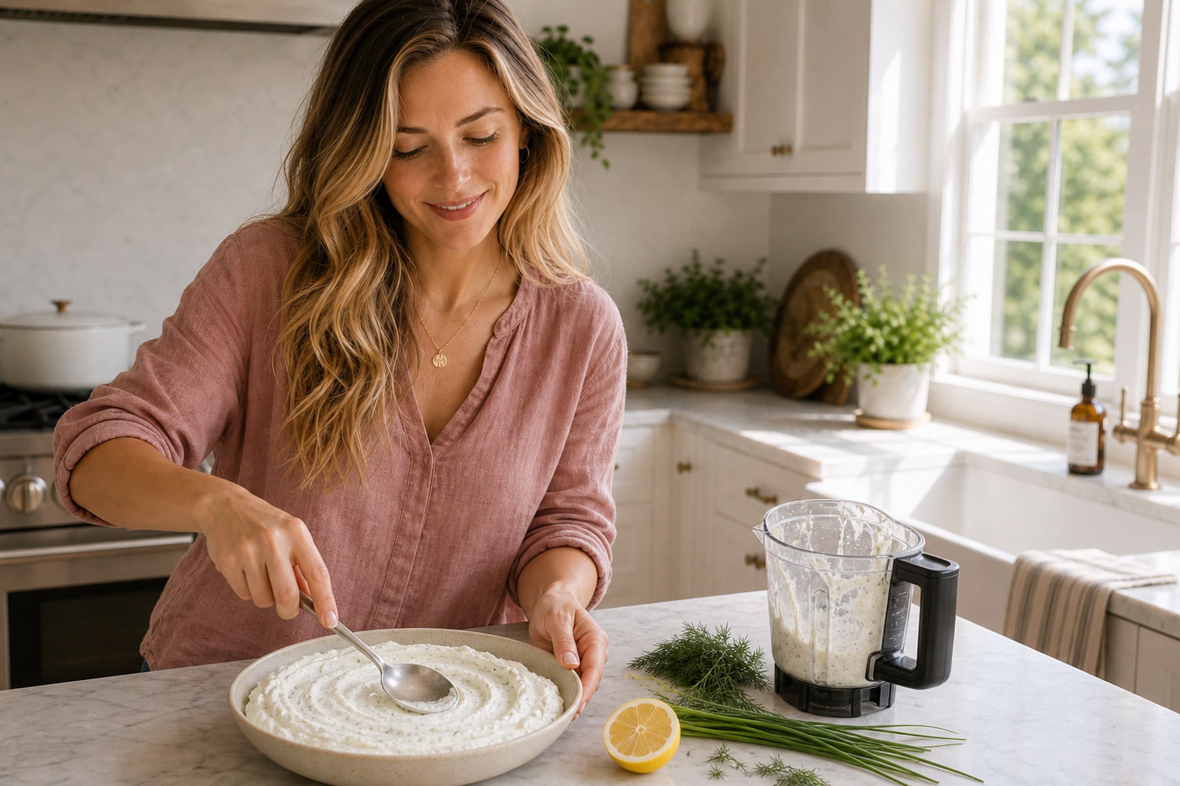 Anna, in a dusty-rose linen top, swirling the just-blended cottage cheese dip into a serving bowl with the back of a spoon at her marble island. A blender jug with a little dip left in it, a halved lemon, and sprigs of dill sit nearby, with her bright kitchen behind her.