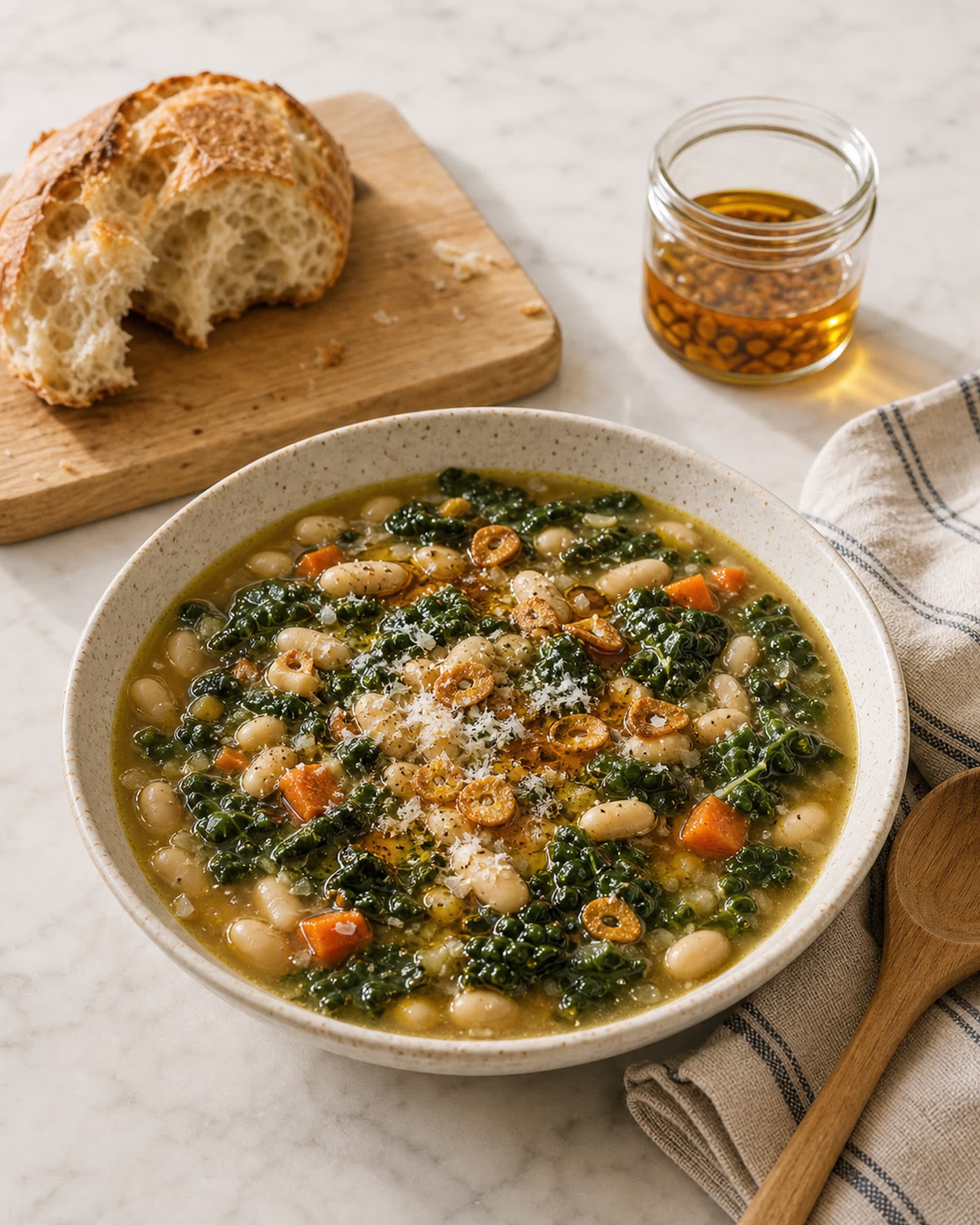 A wide cream-speckled stoneware bowl of brothy white bean and kale stew with tender cannellini beans, wilted lacinato kale, soft diced carrots, and a generous swirl of golden crispy garlic oil with little crispy garlic chips on top. A grated dusting of parmesan, a crack of black pepper, and a flake of flaky salt finish the bowl. A torn piece of crusty sourdough sits on a small wooden cutting board beside the bowl, with a folded striped cream-and-blue linen tea towel and a small jar of more crispy garlic oil on a white marble counter.