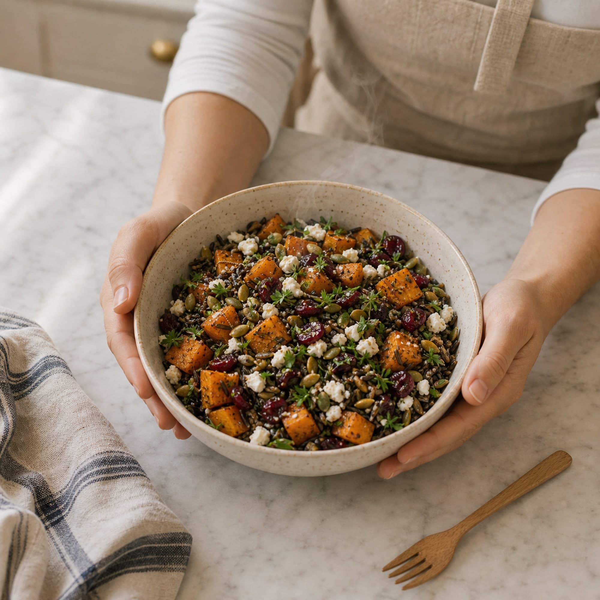 A pair of hands in a fitted white tee and beige linen apron cupping a wide cream-speckled stoneware bowl of assembled wild rice and squash from the sides, with the contents visible from above: dark wild rice, vibrant orange caramelized butternut squash, red dried cranberries, white crumbled feta, golden pumpkin seeds, and fresh herbs. A folded striped cream-and-blue linen tea towel sits at the lower-left edge and a light oak fork rests on the marble counter at the lower-right.