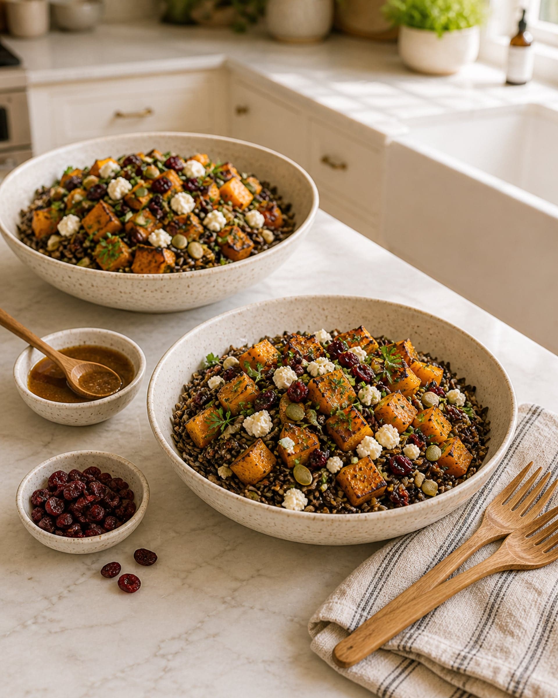 Two wide cream-speckled stoneware bowls of wild rice and roasted butternut squash side by side on a white marble counter, each with dark nutty wild rice topped with deeply caramelized orange squash cubes, scattered dried cranberries, crumbled white feta, toasted pumpkin seeds, fresh parsley and thyme leaves, and a slow drizzle of golden-amber brown butter vinaigrette. A small ceramic dish of more dressing sits between the bowls with a small wooden spoon, with two light oak forks resting on a folded striped cream-and-blue linen tea towel beside the bowls. Soft autumn-morning light from the kitchen window.