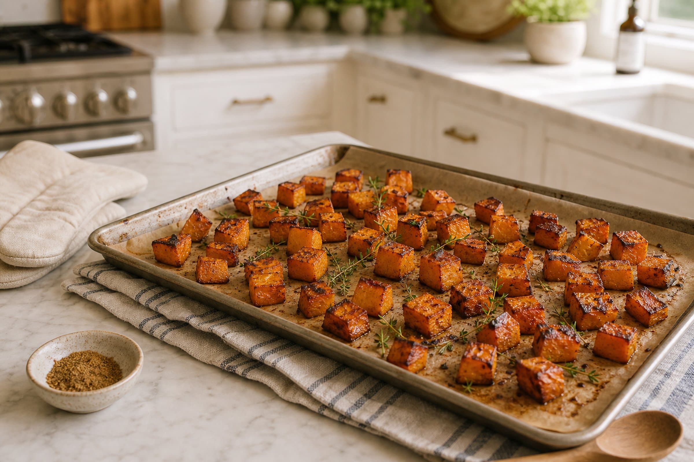 A parchment-lined half-sheet pan of deeply caramelized butternut squash cubes resting on a folded striped cream-and-blue linen tea towel on a white marble counter. The squash cubes have charred caramelized edges and vibrant orange tender interiors, spread out with space between them. A few sprigs of fresh thyme are scattered across the top. A pair of cream linen oven mitts sits at one edge of the frame, a small ceramic bowl of ground cumin at the other, and a wooden spoon rests on the linen.