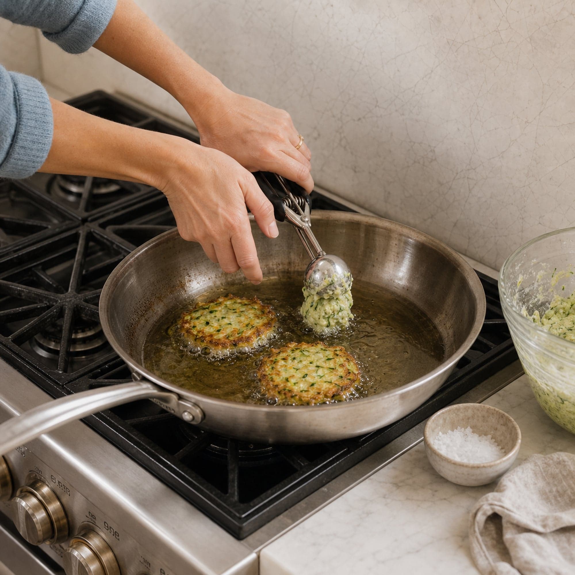 Hands releasing a scoop of zucchini fritter batter from a metal cookie scoop into shimmering oil in a stainless skillet, two fritters already sizzling and a glass bowl of batter waiting beside the stove.