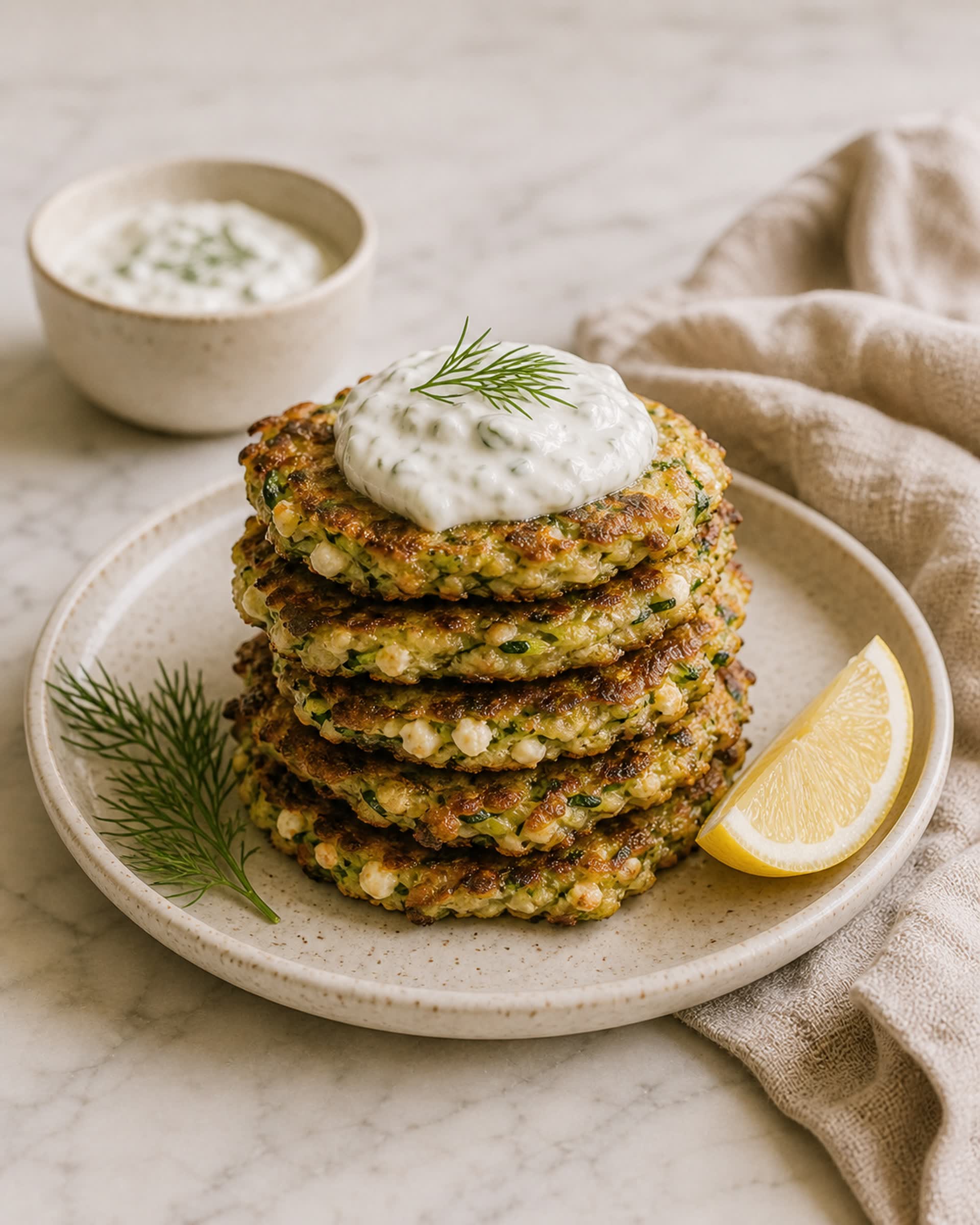 A stack of golden crispy zucchini fritters on a speckled ceramic plate, topped with a dollop of dill yogurt and fresh dill fronds, with a lemon wedge and a small bowl of extra sauce behind.